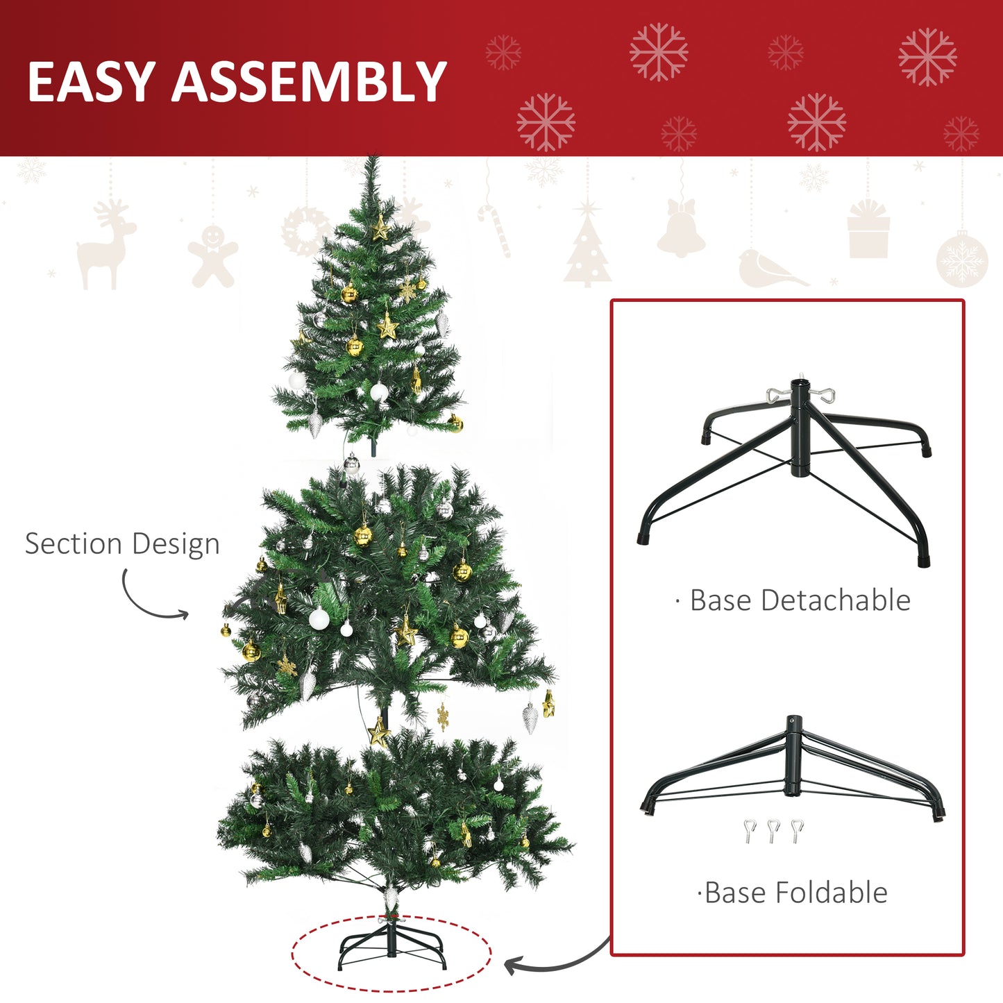 HOMCOM 1.8m 6ft Pre-Lit Artificial Christmas Tree 200 LED Xmas Tree Holiday DÃ©cor with Decorative Balls Ornament Metal Stand
