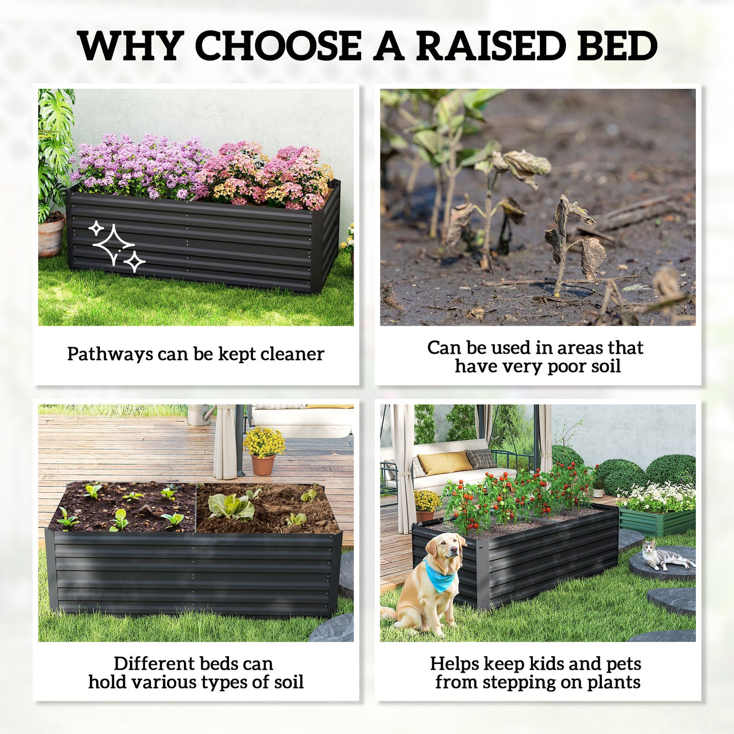 Outsunny Raised Beds for Garden, Galvanised Steel Outdoor Planters with Multi-reinforced Rods, 180 x 90 x 59 cm, Black