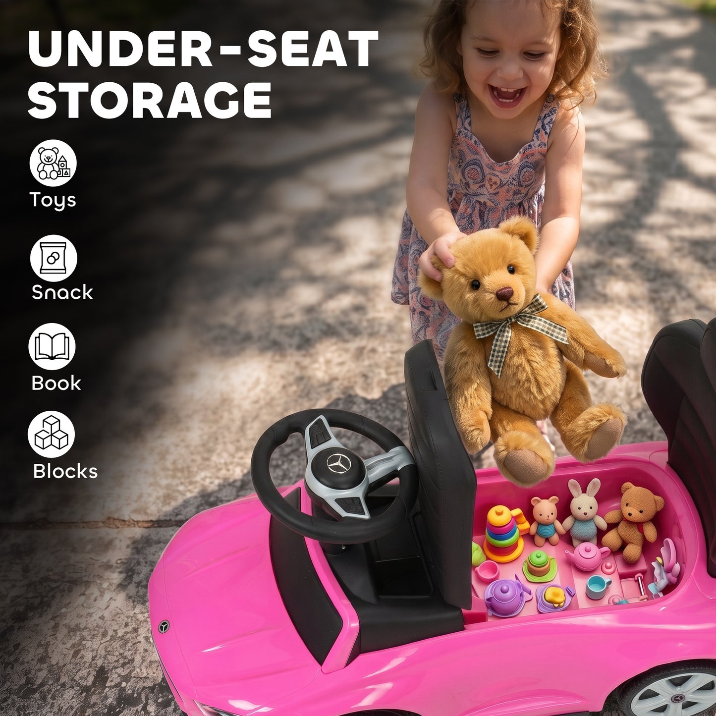 AIYAPLAY 3 in 1 Licensed Benz Ride on Push Car with Handle, Canopy, Guardrails, Horn, Music, Storage for 12-36 Months, Pink