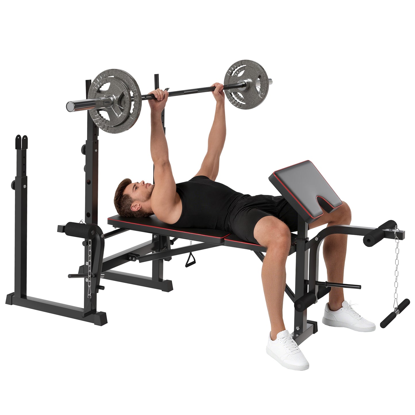 SPORTNOW Weight Bench with Two Barbell Racks, Leg Curl Machine, Preacher Curl Bench, Black