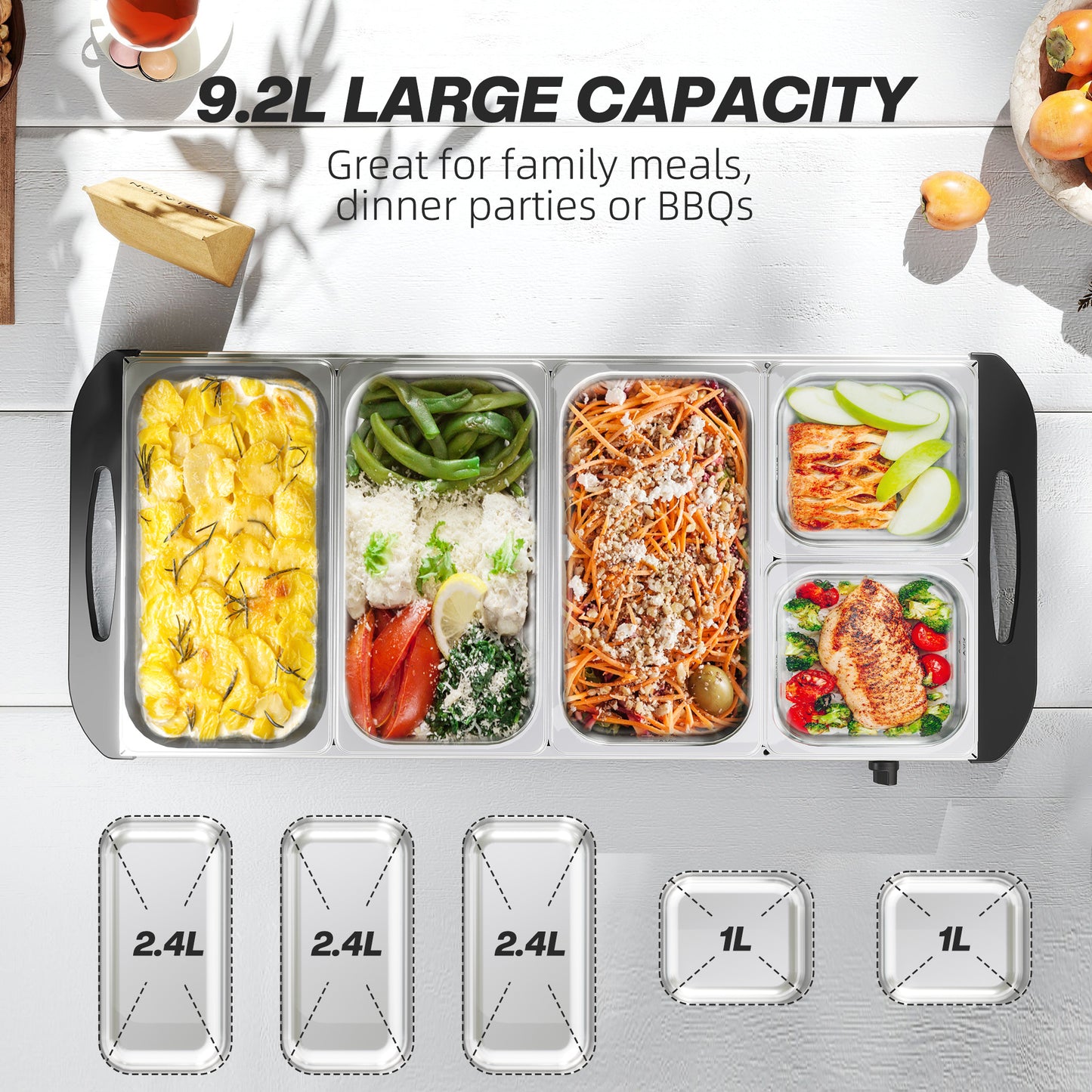 HOMCOM 5 Tray Electric Food Warmer Buffet Server with Warming Plate, Cool Touch Handles, Adjustable Temperature, 300W, 3 x 2.4L and 2 x 1L Pans