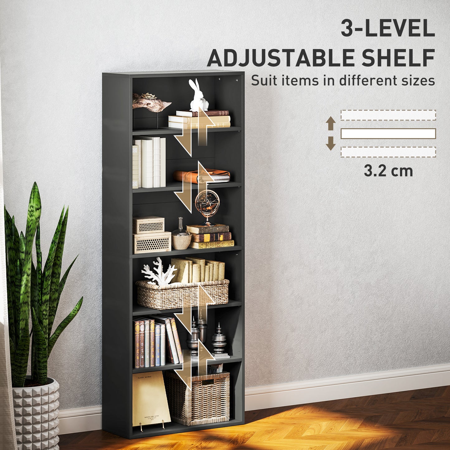 HOMCOM Six Shelf Bookcase - Black