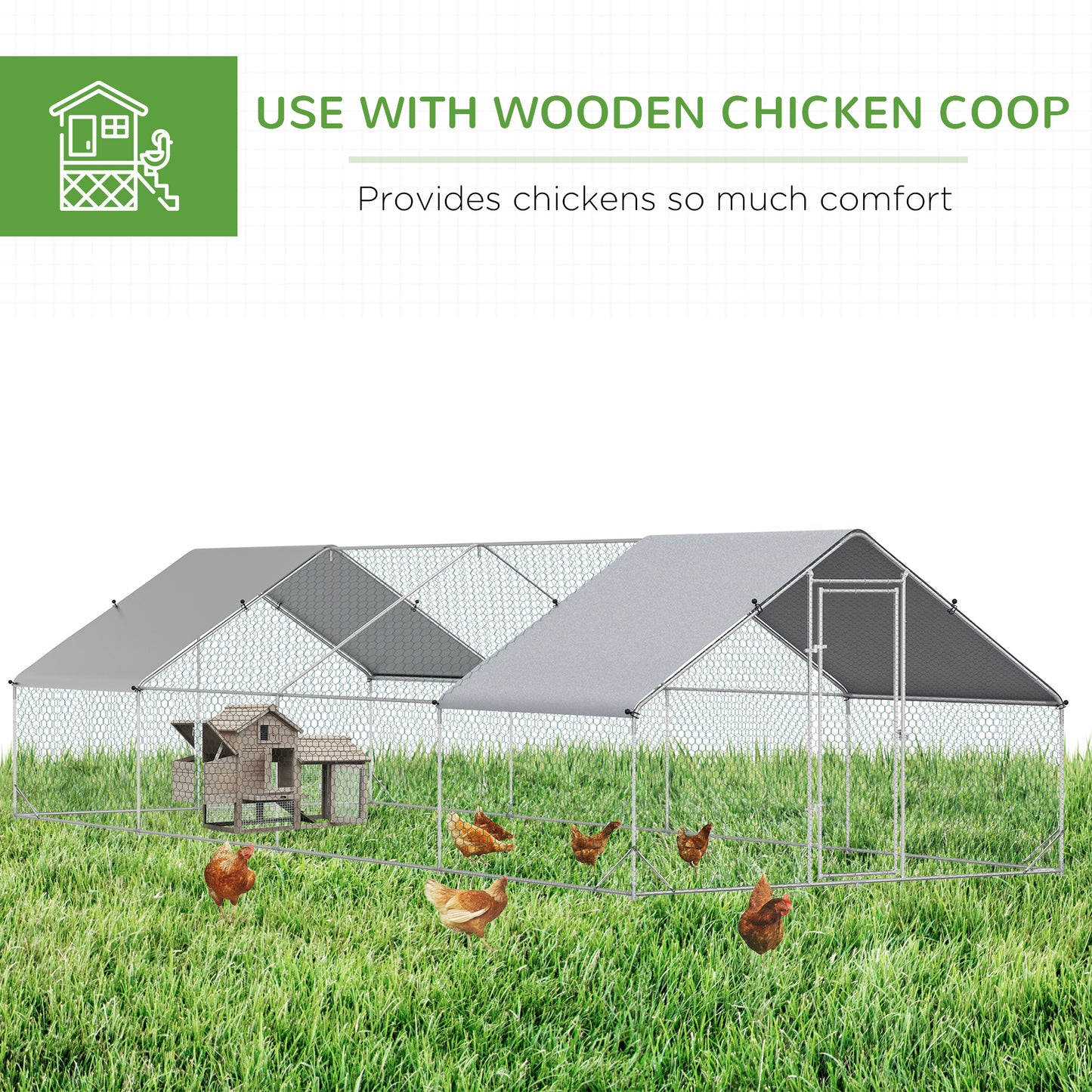  this chicken coop is solid and offers your pet a secure surrounding.</li><li>Outdoor chicken coop: Use the chicken house covers to keep your feathered friends away from the elements. Suitable for outdoor use on sunny to rainy days.</li><li>Lockable door design: This pet playpen for chickens includes a lockable galvanised door for added security. Feeding your feathered friends and cleaning the duck house is made simple! Can be used with wooden cages.</li><li>Walk in chicken run info: Overall Dimension: 3L x