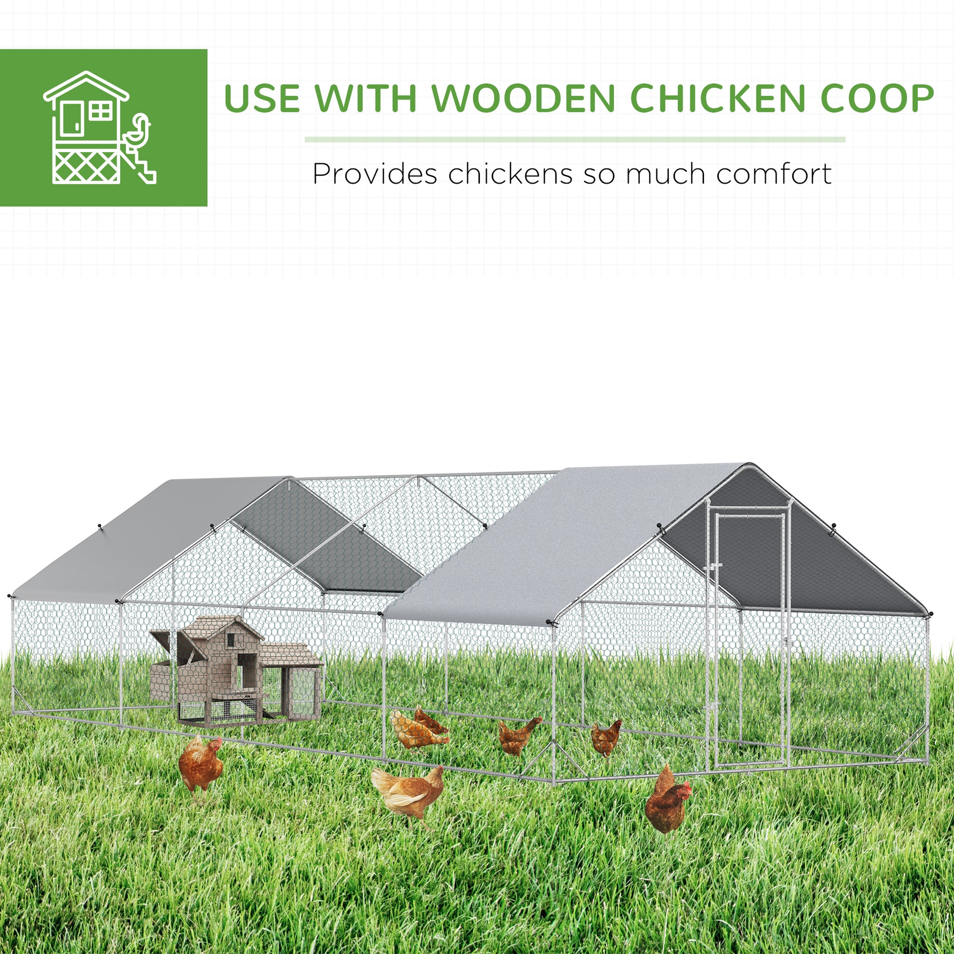  this chicken coop is solid and offers your pet a secure surrounding.</li><li>Outdoor chicken coop: Use the chicken house covers to keep your feathered friends away from the elements. Suitable for outdoor use on sunny to rainy days.</li><li>Lockable door design: This pet playpen for chickens includes a lockable galvanised door for added security. Feeding your feathered friends and cleaning the duck house is made simple! Can be used with wooden cages.</li><li>Walk in chicken run info: Overall Dimension: 3L x