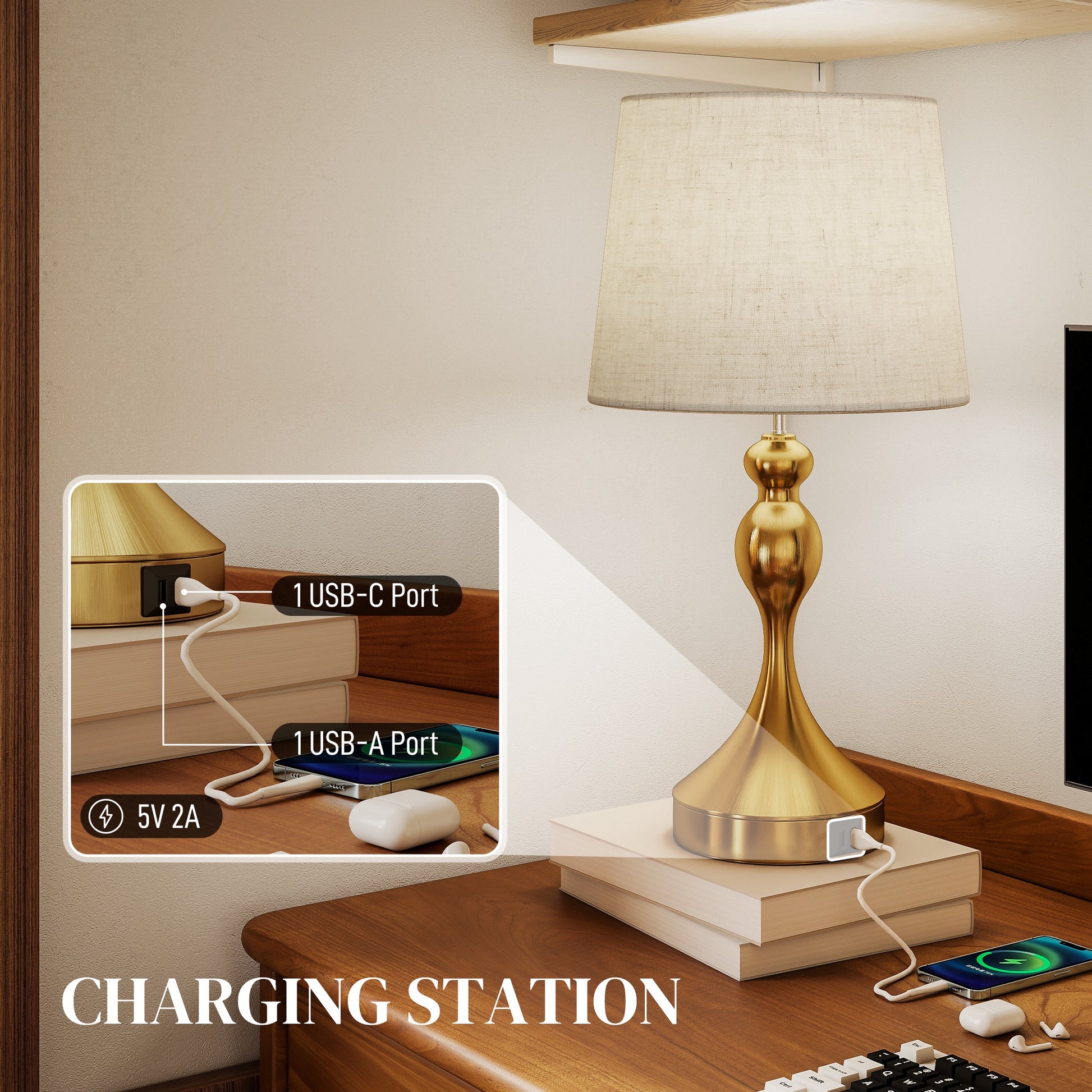 HOMCOM Set of Two Three-Colour Lamps, with USB Ports - Gold Tone