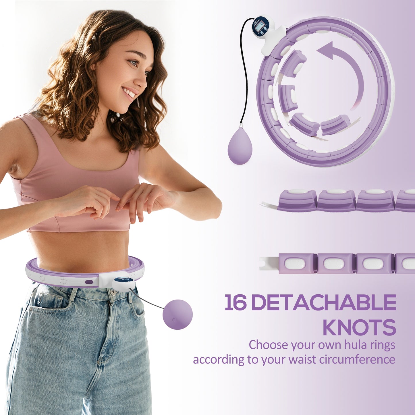 SPORTNOW Smart Weighted Hula Hoop, Massage Hula Ring w/ 16 Detachable Knots, 360Â° Auto-Rotating Ball, Digital Counter, Purple