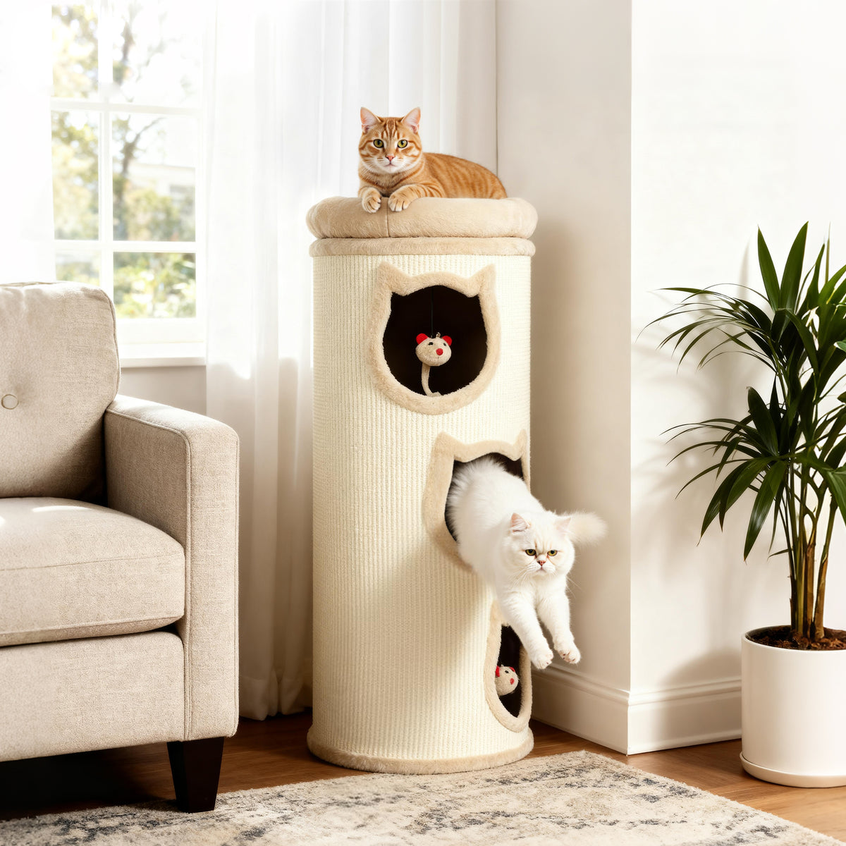 PawHut 3-Tier Cat House for Indoor Kittens, Cat Cave Bed with Scratching Pad, Plush Edge, Removable Plush Bed, 3 Dangling Mice