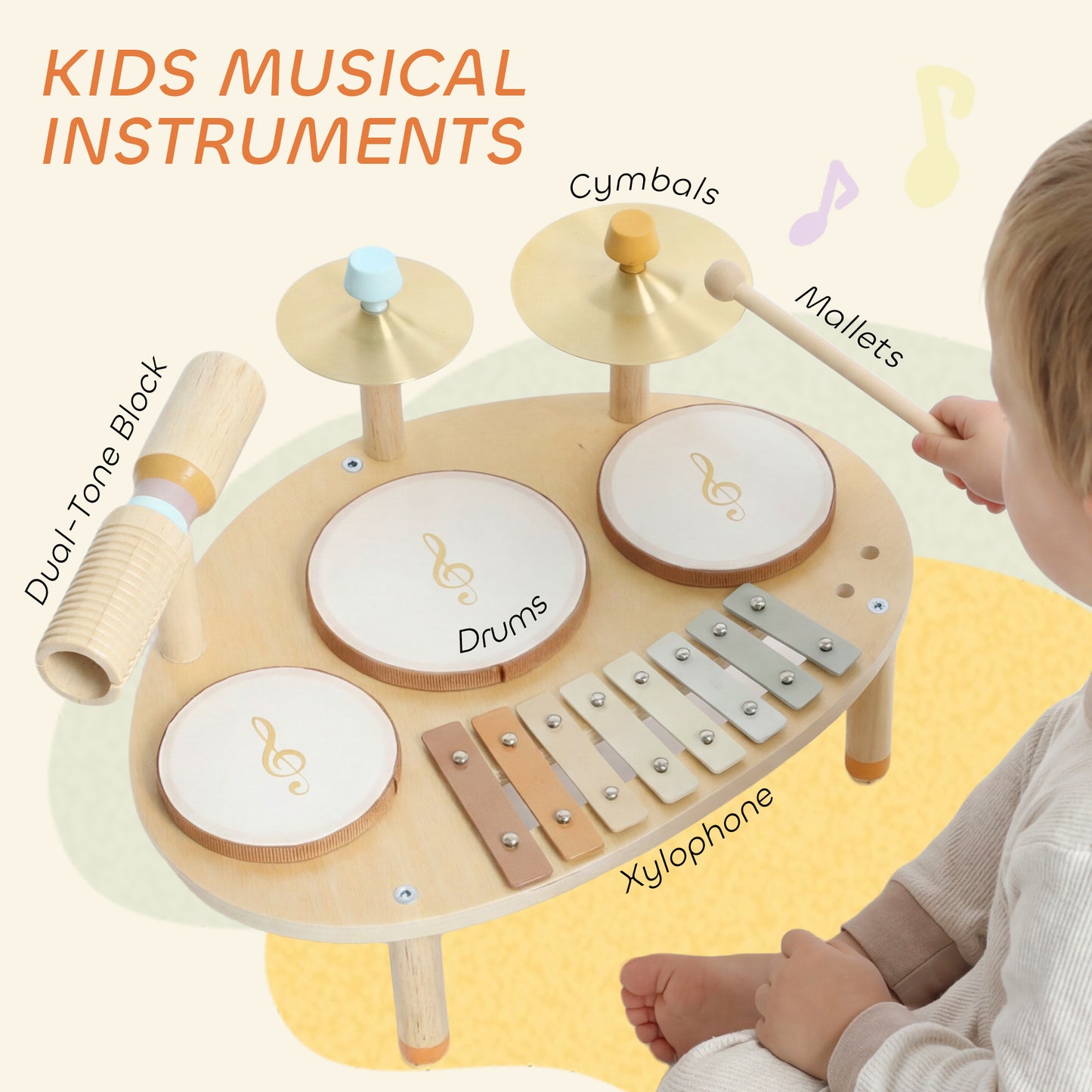AIYAPLAY Baby Drum Kit, Wooden Kids Musical Instruments with Drums and Xylophone, Gifts for Girls Boys Birthday, Natural