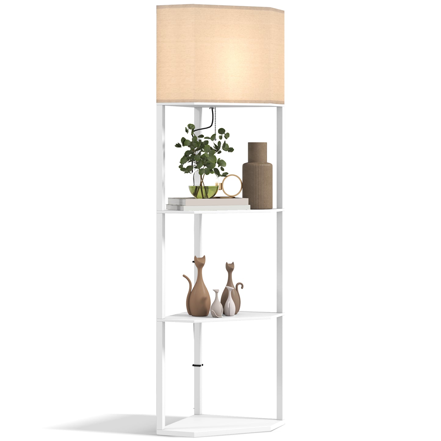 HOMCOM Corner Floor Lamp with Shelves, Tall Standing Lamps for Living Room, with Pull Chain Switch Bulb not Included, White