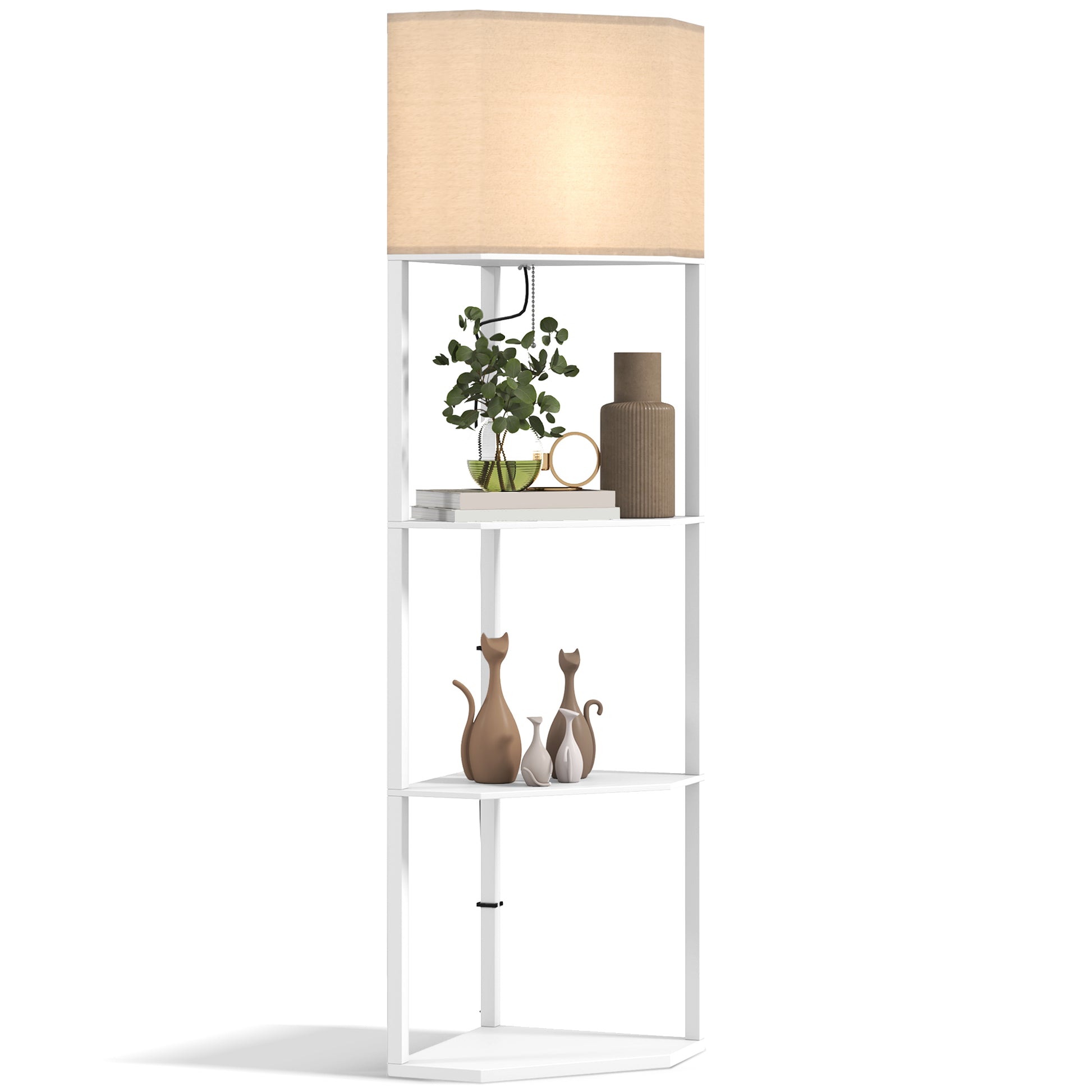 HOMCOM Corner Floor Lamp with Shelves, Tall Standing Lamps for Living Room, with Pull Chain Switch Bulb not Included, White