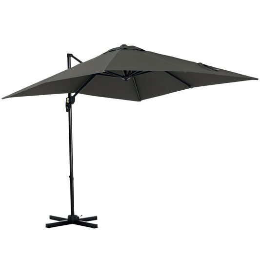 Outsunny 2.5 x 2.5m Patio Offset Parasol Umbrella Cantilever Hanging Aluminium Sun Shade Canopy Shelter 360Â° Rotation with Crank Handle and Cross Base, Grey