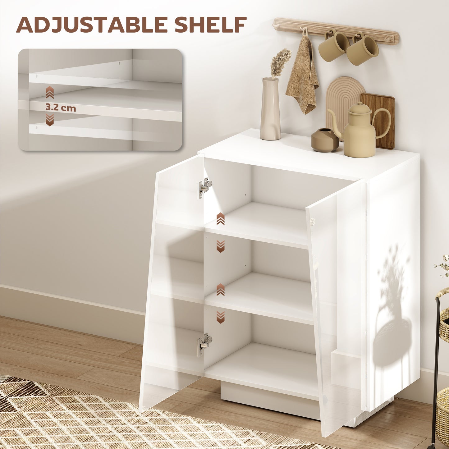 HOMCOM High Gloss Storage Cabinet, Freestanding Storage Cupboard with Adjustable Shelves for Living Room, Bedroom, Hallway, White