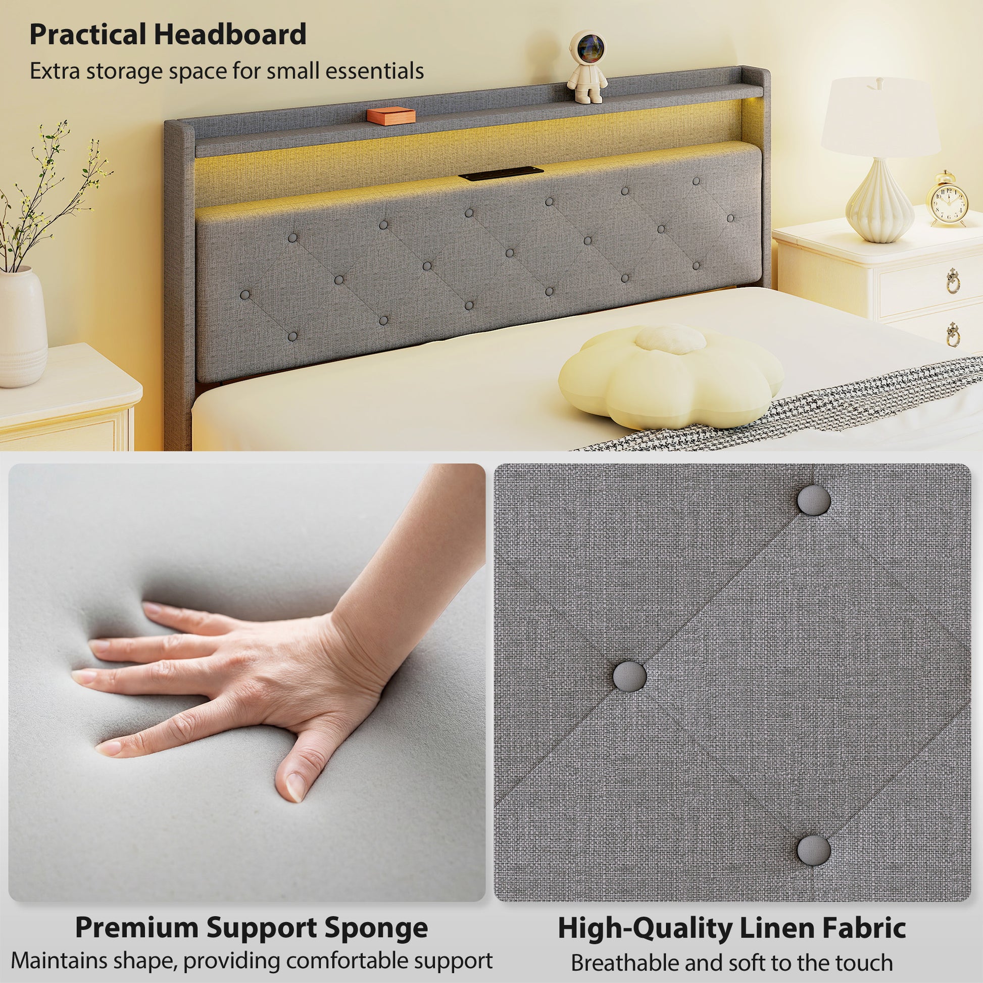 HOMCOM Floating Bed Frame, Upholstered 5ft King Size Bed, Platform Bed with RGB LED Lights and Charging Station, Grey