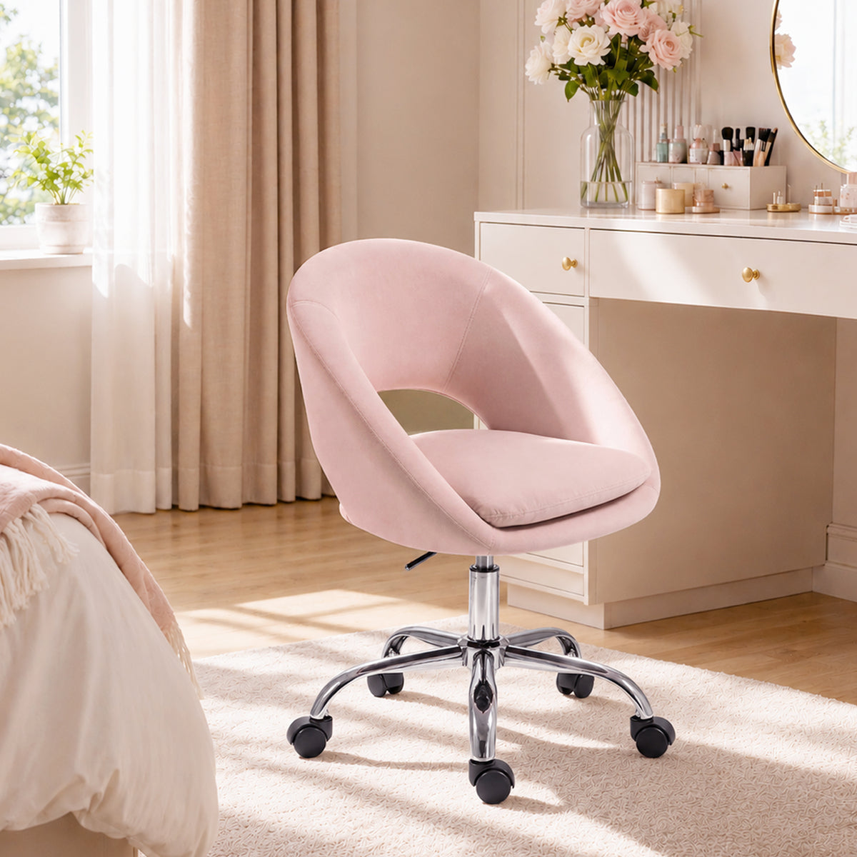 HOMCOM Velvet Desk Chair, Modern Office Chair with Height-Adjustable, Wheels, for Home Study Bedroom, Pink
