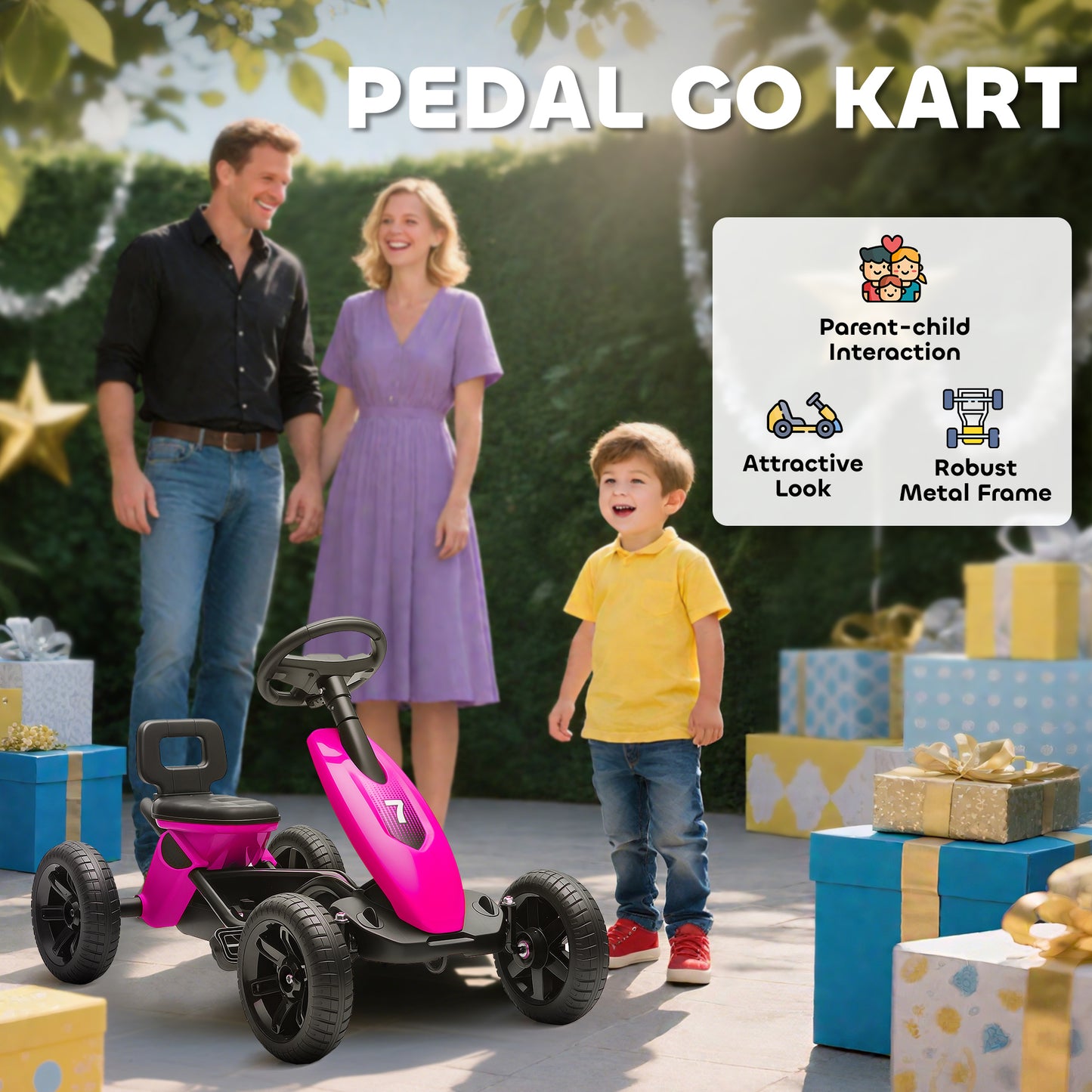AIYAPLAY Pedal Go Kart for Kids 2-5 Years, with Silent EVA Wheels, Metal Frame, Pink
