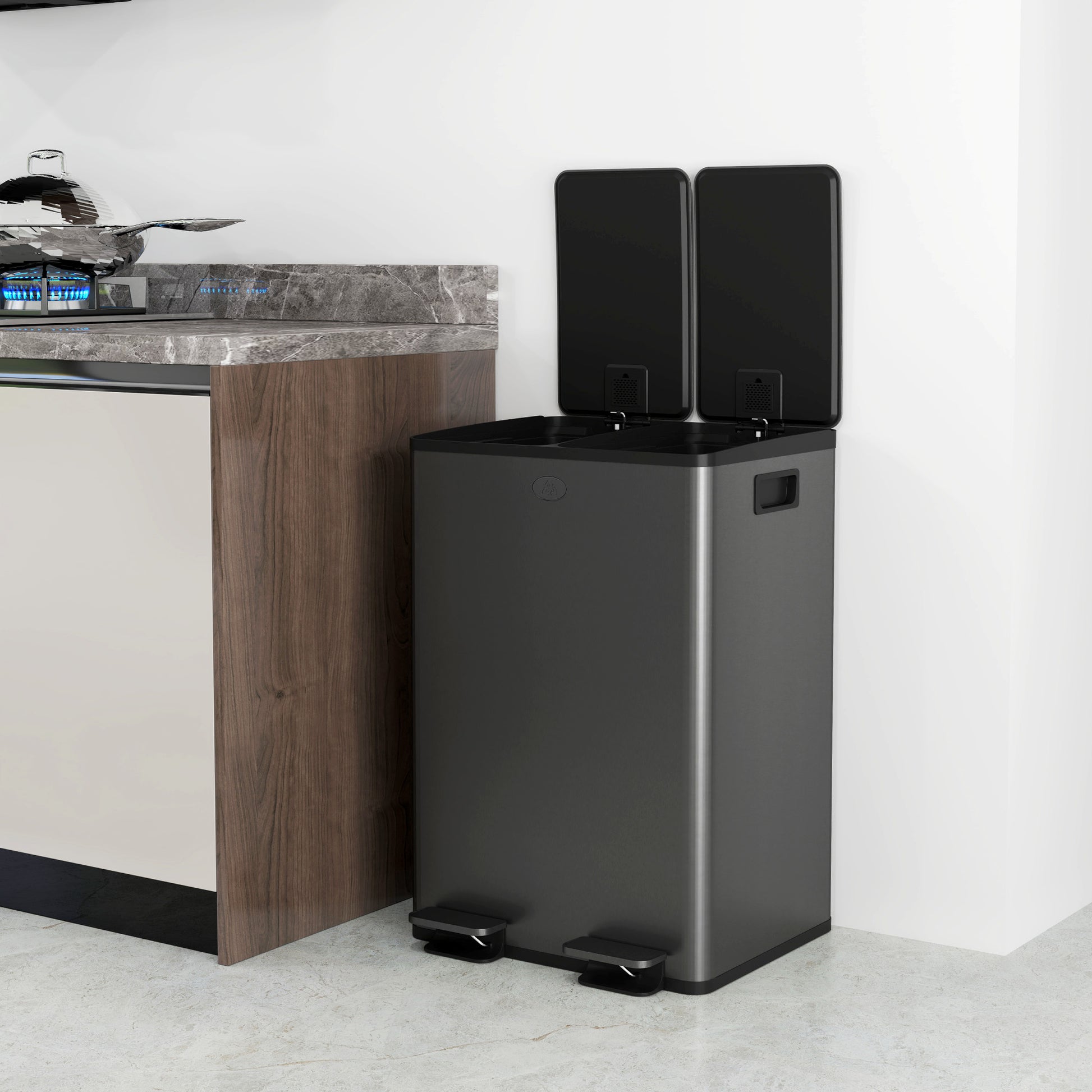 HOMCOM 56L Dual Compartment Stainless Steel Bin, with Deodoriser Holders - Black