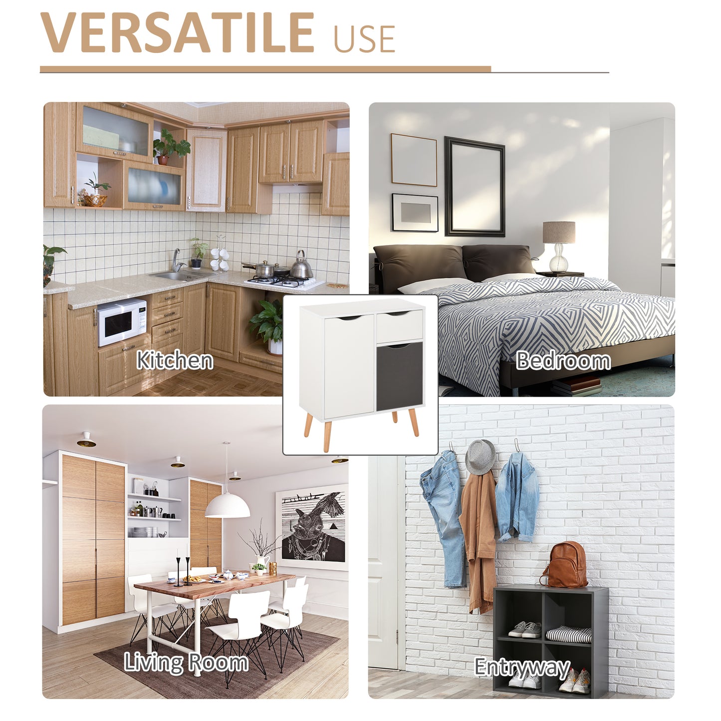 HOMCOM Sideboard Floor Cabinet Storage Cupboard with Drawer and Solid Wood Legs for Bedroom, Living Room, Entryway, Grey