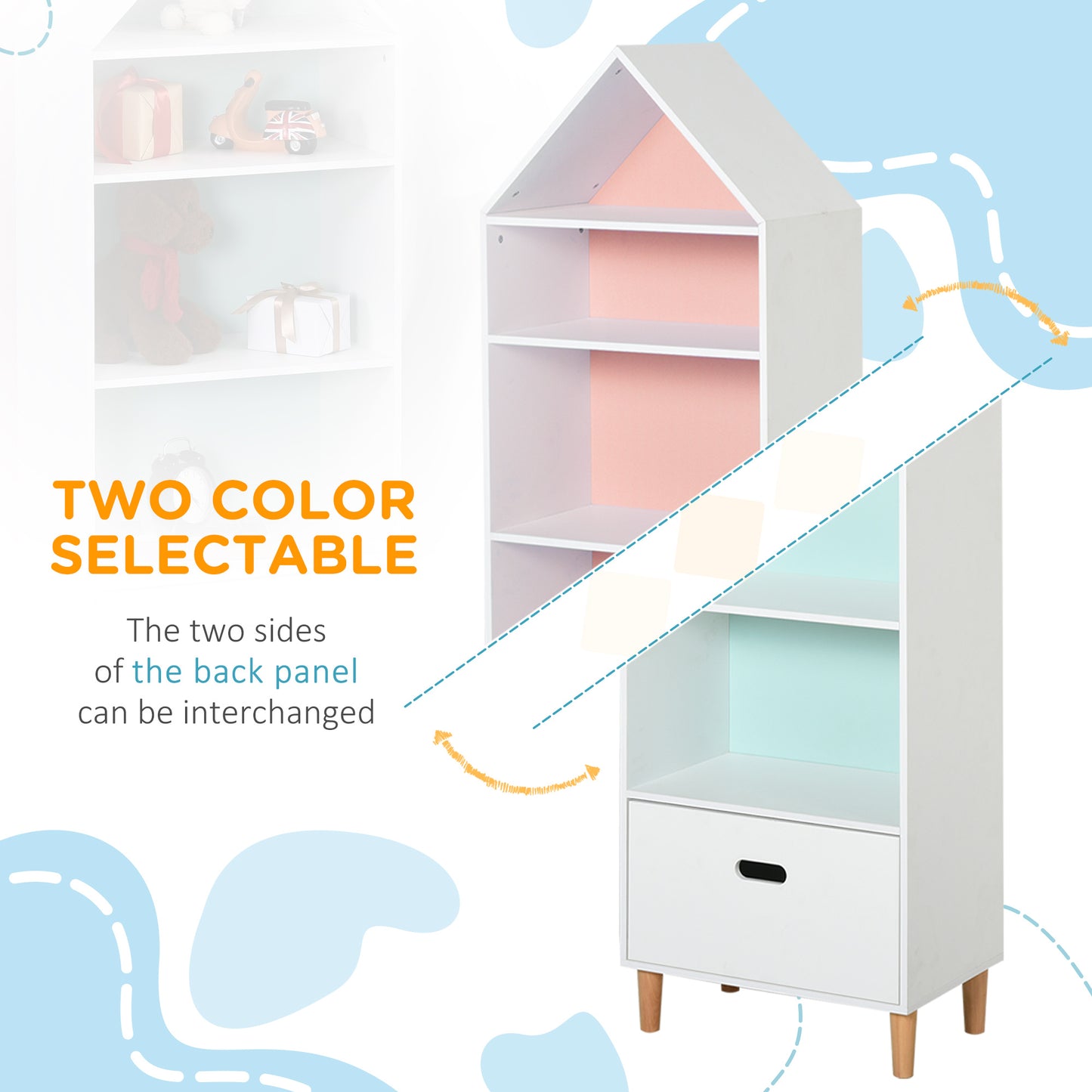 HOMCOM Kids Children Wooden Bookcase w/Drawer Bedroom Furniture Bookshelf Storage Rack Display Unit Toys Games Organisation Cabinet Pink Blue Back Panel 50 x 30 x 142 cm
