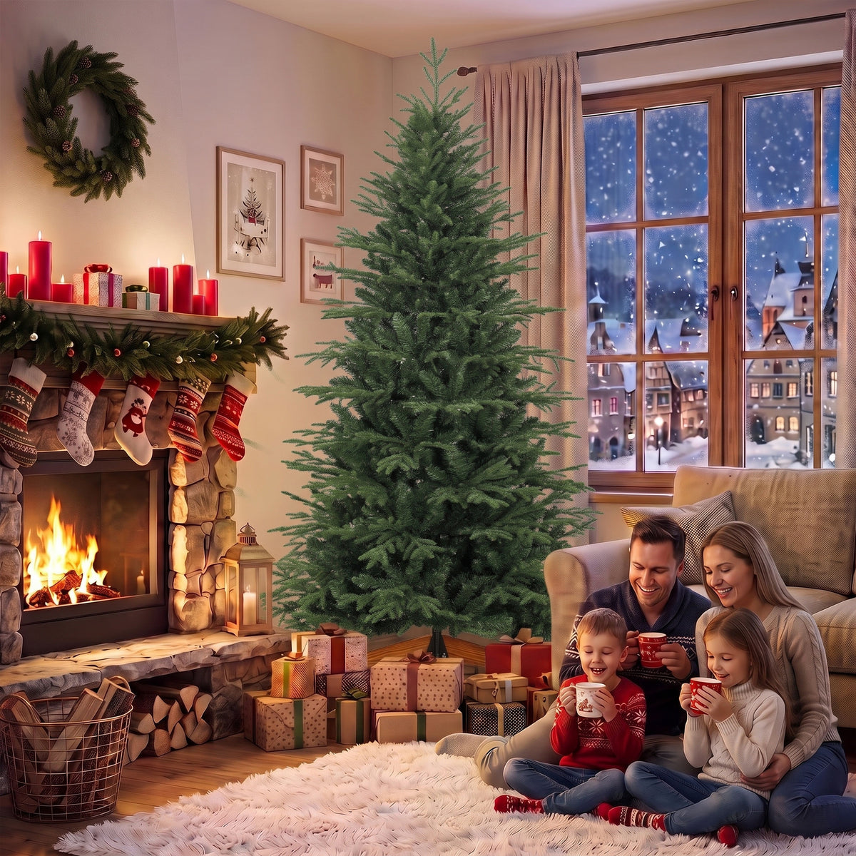 HOMCOM 7ft Artificial Christmas Tree Full Hinged Xmas Tree Solid Pine Wood Stand, Green