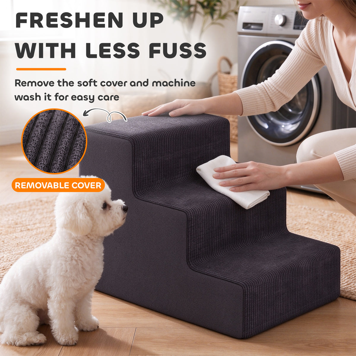 PawHut Dog Steps, 3-Step Dog Stairs for Bed and Sofa, Pet Stairs with Carry Handle, Washable Cover