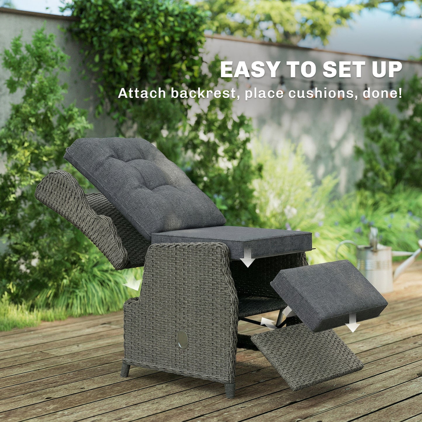 Outsunny Rattan Garden Recliner Chair, Reclining Garden Chair with Adjustable Back and Footrest, Flip Table, Cushion, Dark Grey