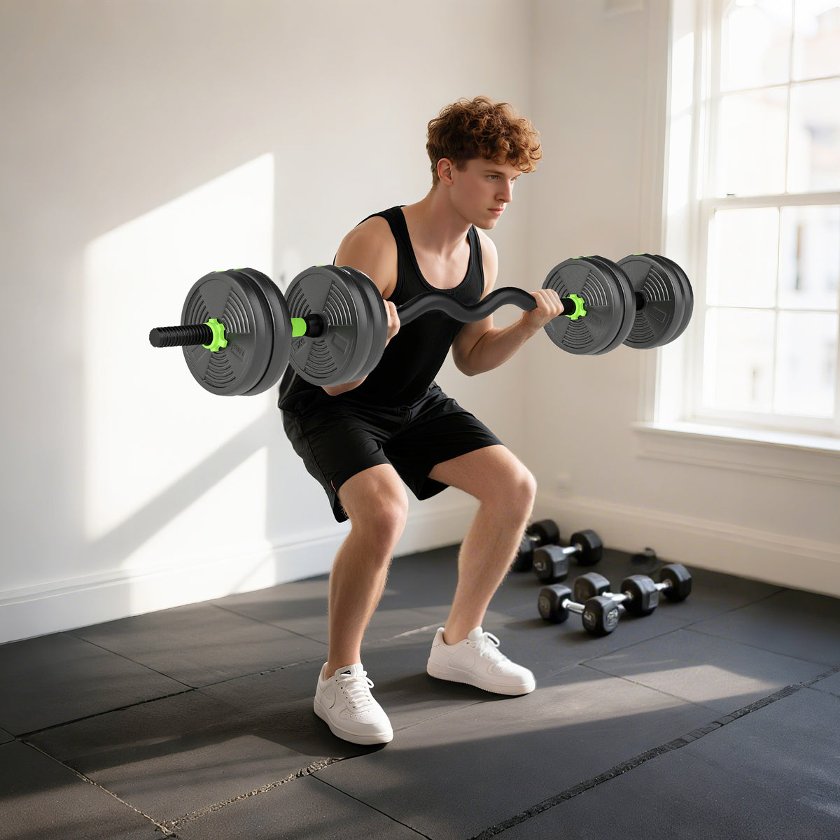 SPORTNOW 15 kg 3-in-1 Adjustable Dumbbell & Barbell Set with EZ Bar, Connecting Rod and Non-Slip Grip for Home Gym, Green