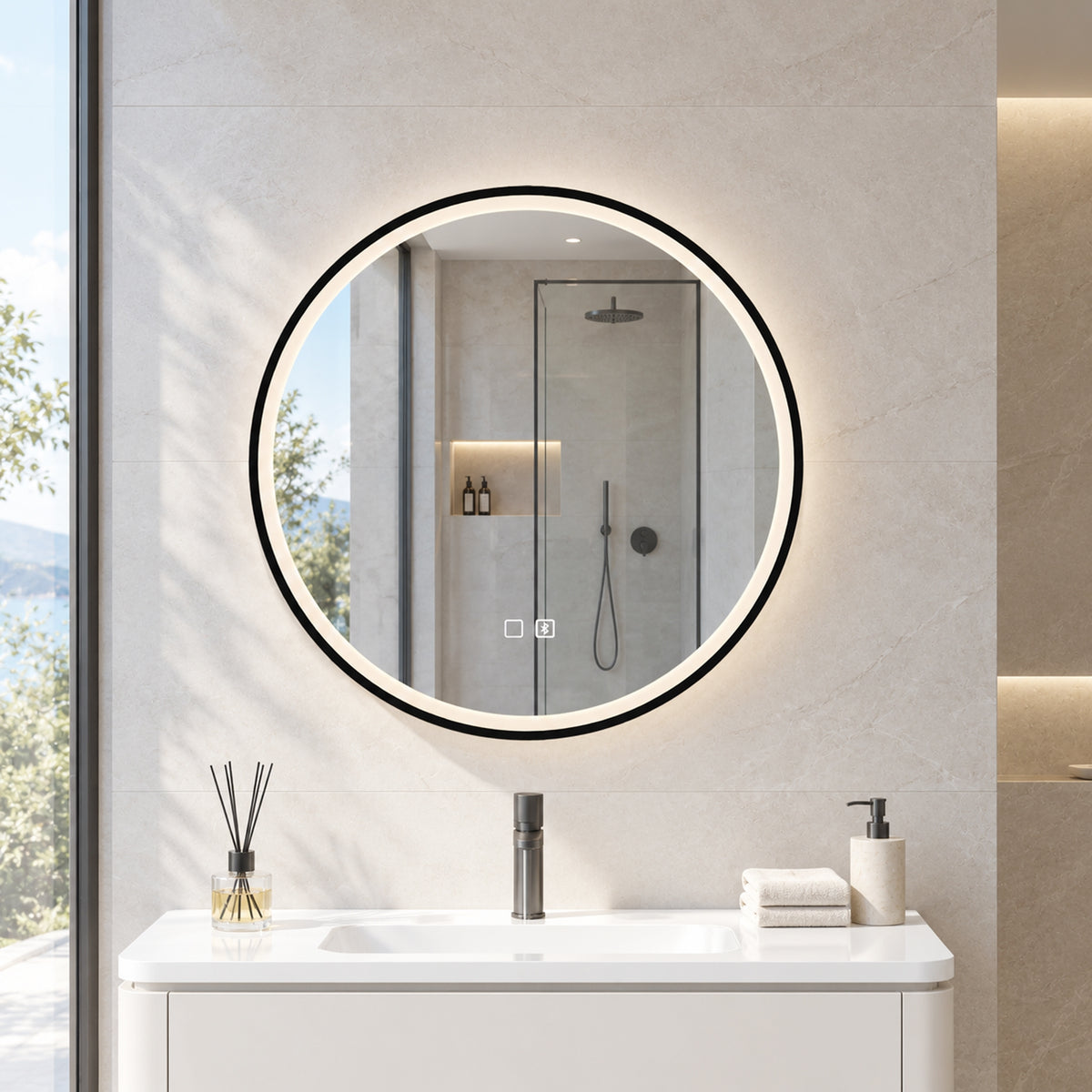 HOMCOM Bathroom Mirror with LED Lights, 60cm Round LED Bathroom Mirror with 3 Colours Dimmable, Bluetooth, Anti-Fog, Black