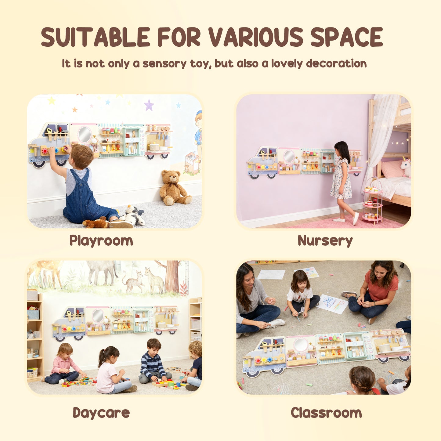 AIYAPLAY Wooden Busy Board, 5 in 1 Activity Wall Panels for Kids 3+ Years, for Daycare, Playroom, Home