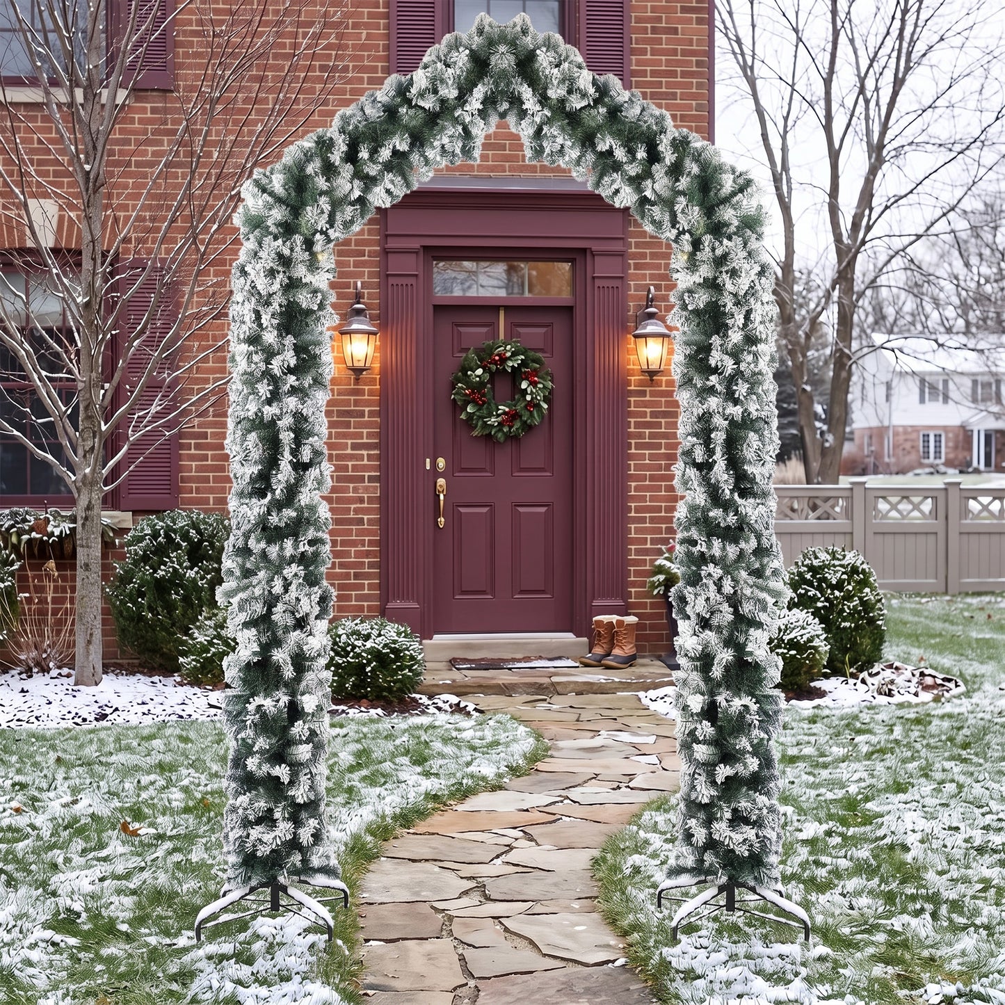 HOMCOM 9ft Flocked Snow Christmas Tree Arch, Christmas Single Arch Doorway Decor with 1400 Branch Tips and Steel Stand, Green