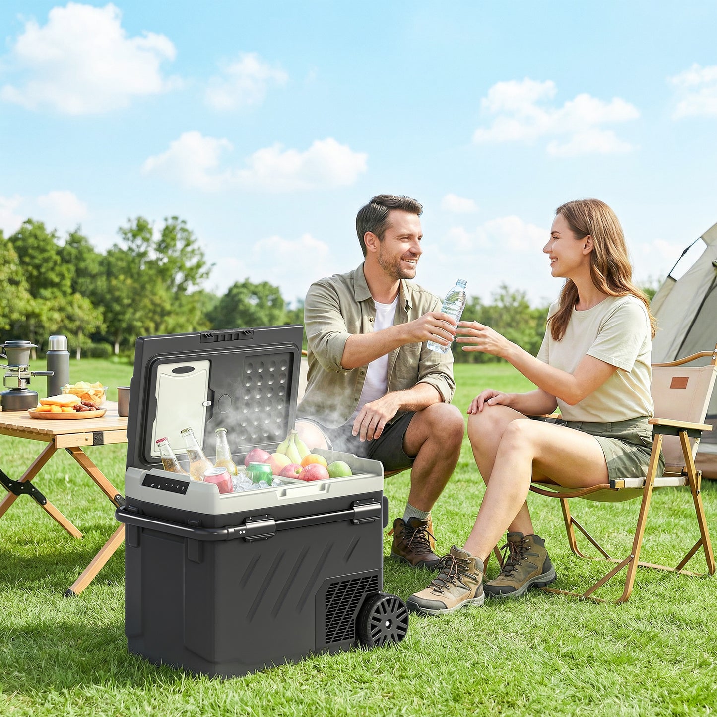 Outsunny 49L Compressor Car Fridge Freezer, Dual Zone Camping Refrigerator with App Control, Telescopic Handle, -20â„ƒ-20â„ƒ