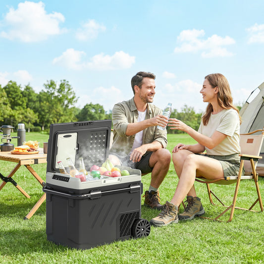 Outsunny 49L Compressor Car Fridge Freezer, Dual Zone Camping Refrigerator with App Control, Telescopic Handle, -20â„ƒ-20â„ƒ