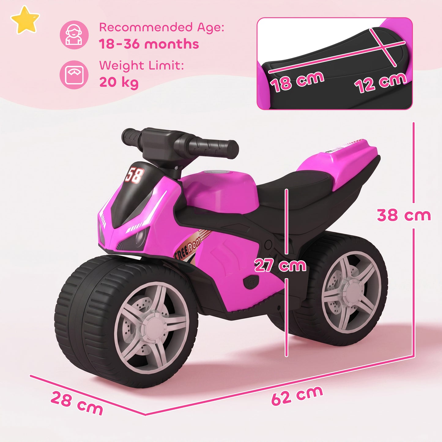 AIYAPLAY Balance Bike with Music Extra-Wide Wheels Toddler Bike for Boys Girls Pink