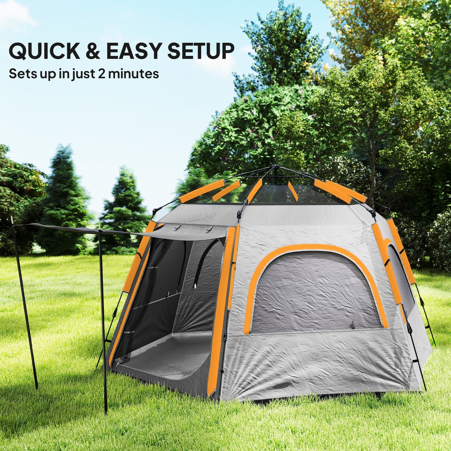 Outsunny Instant Pop Up Camping Tent, 2/3/4 Person Easy Setup Dome Family Tent with Vestibule, Rainfly, 4 Mesh Windows & 2 Doors, Hexagonal Design, Waterproof & UV Protected, Light Grey - LiamsBargains.co.uk