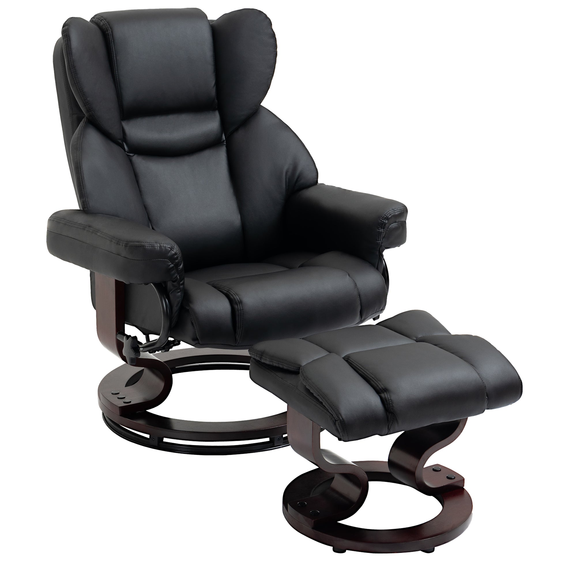 HOMCOM 360Â° Swivel Recliner Chair with Footstool, PU Leather Manual Recliner Armchair with Footstool, Solid Wood Base, Upholstered Reclining Chair for Living Room, Bedroom, Office, Black Default Title