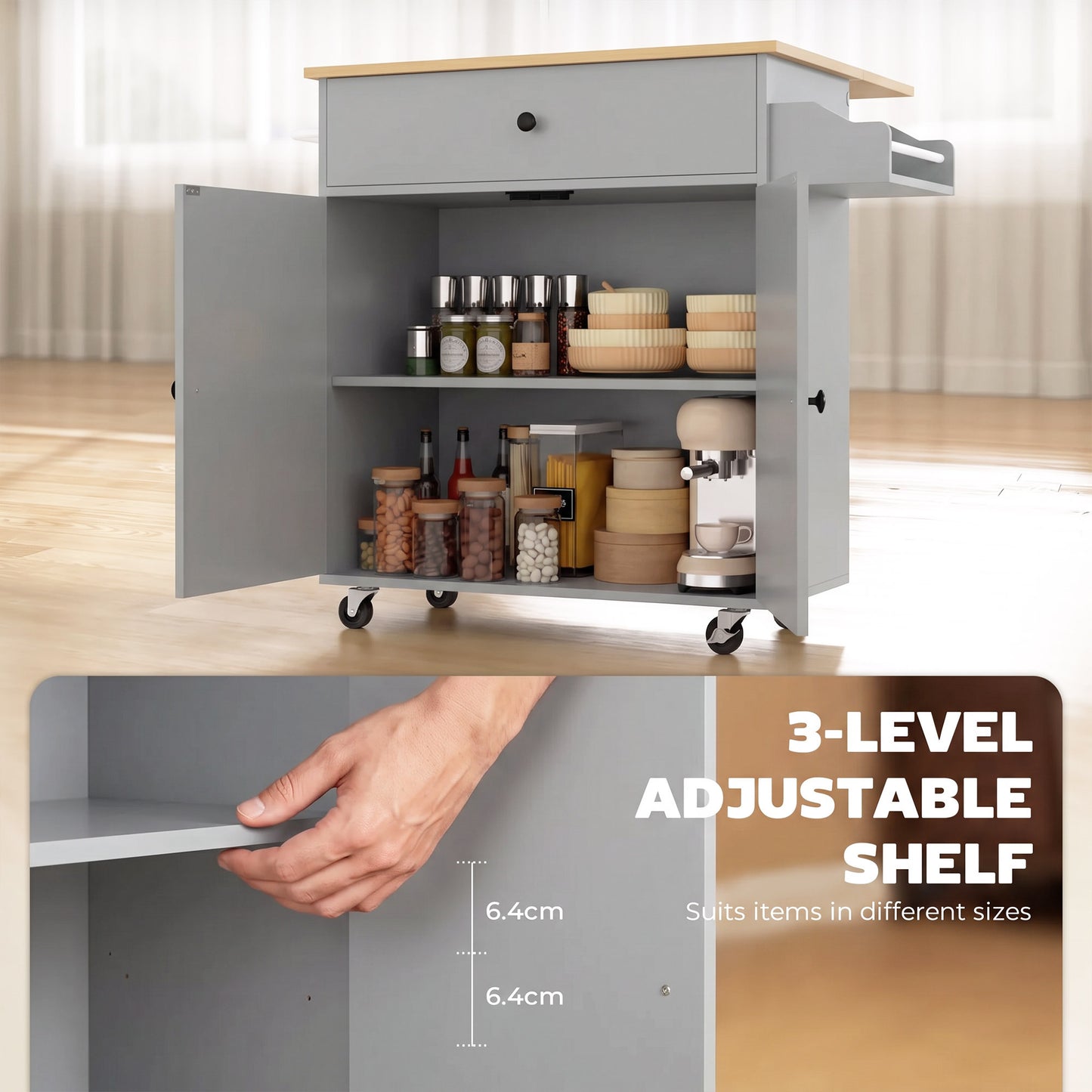 HOMCOM Kitchen Island with Drop Leaf, Rolling Kitchen Storage Trolley on Wheels with Drawer, Spice Rack and Towel Rack, Grey