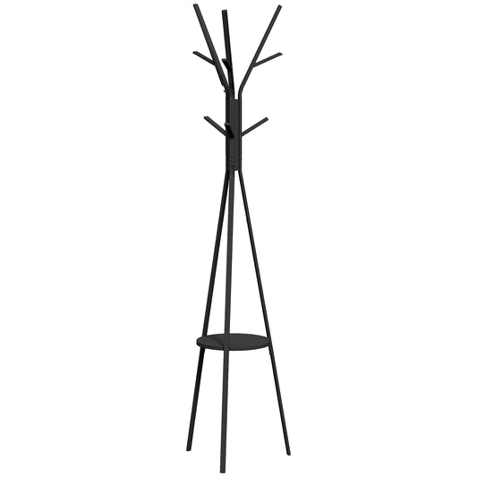 HOMCOM Freestanding Metal Coat Rack Stand 9 Hooks Clothes Tree with 1 Shelf Hat Display Hall Tree Hanger Bag Umbrella Hanging Organiser Black
