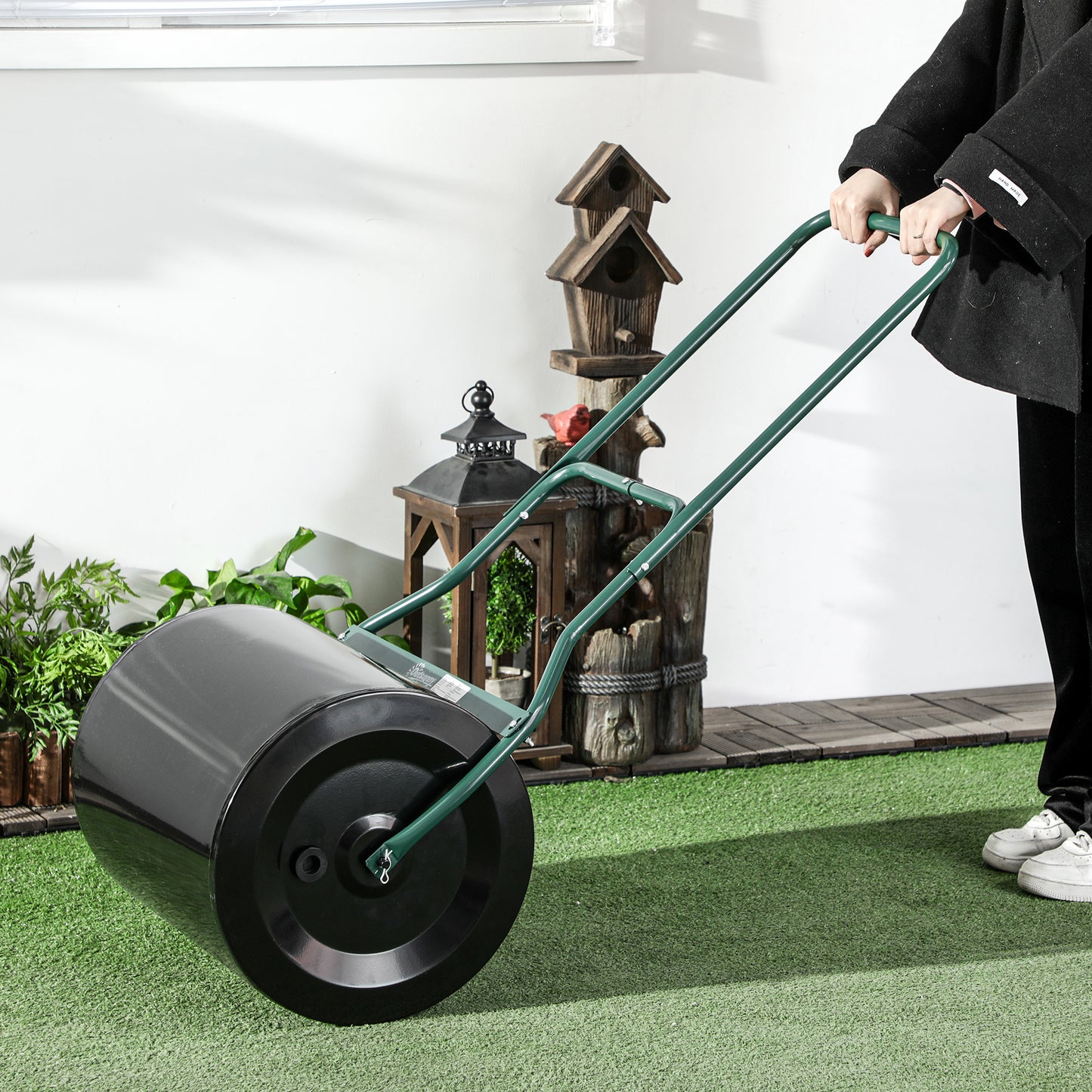 Outsunny 50cm Steel Garden Lawn Roller Push Pull w/ Fillable Cylinder Water Sand Plug Lawn Flatten Seed Sow Rolling Drum w/ Handle