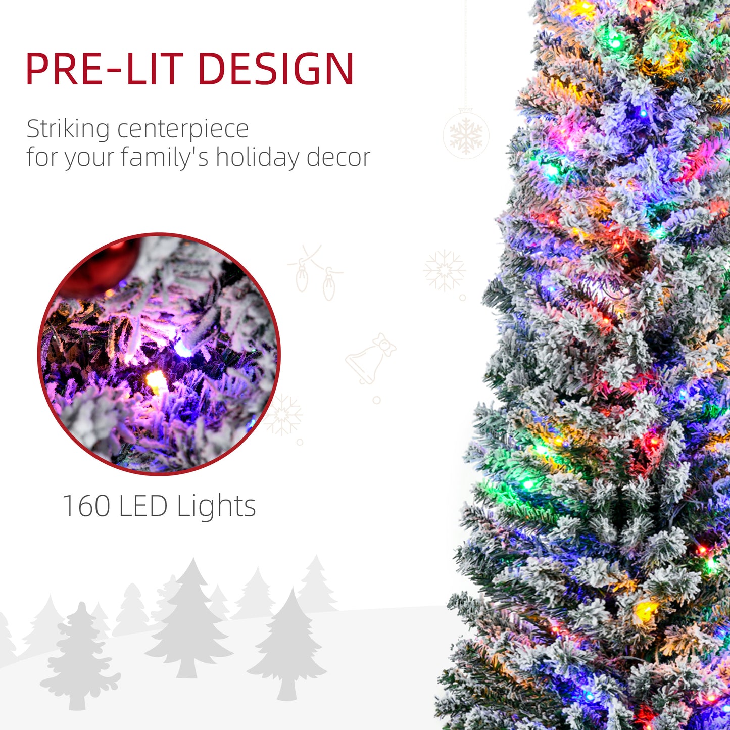 HOMCOM 6' Artificial Prelit Christmas Trees with Colourful LED Lights, Flocked Tips, Berry, Pine Cone