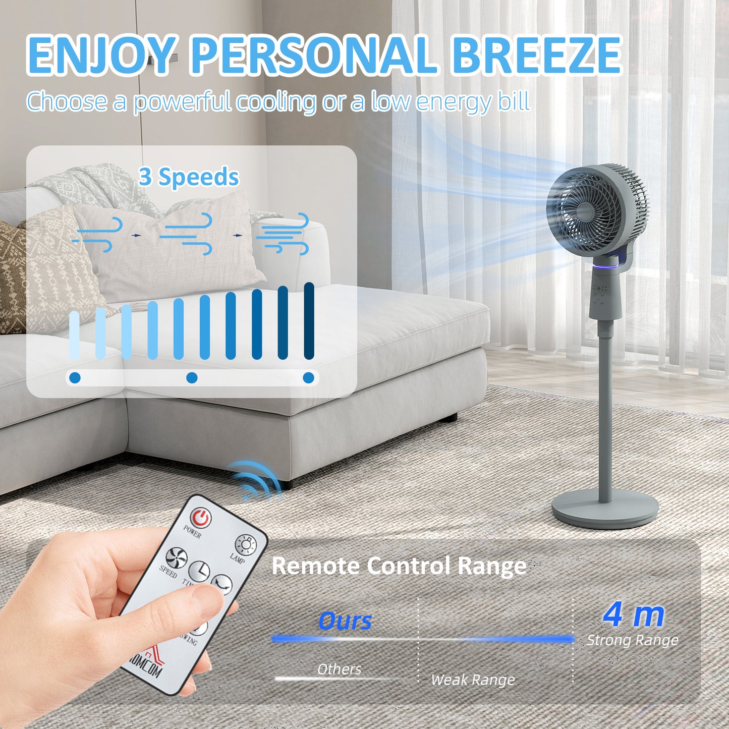 HOMCOM Pedestal Air Circulation Fan with Oscillating, Light Off, Grey