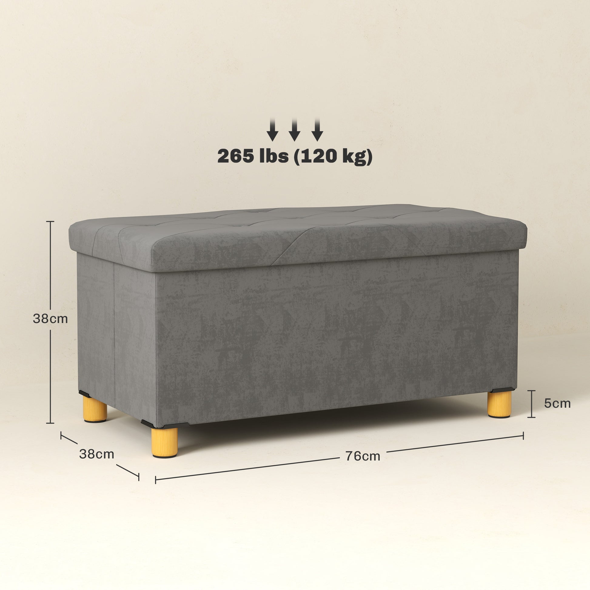 HOMCOM Velvet Upholstered Foldable Ottoman Footrest, Storage Ottoman Bench with Wood Legs for Living Room, Grey