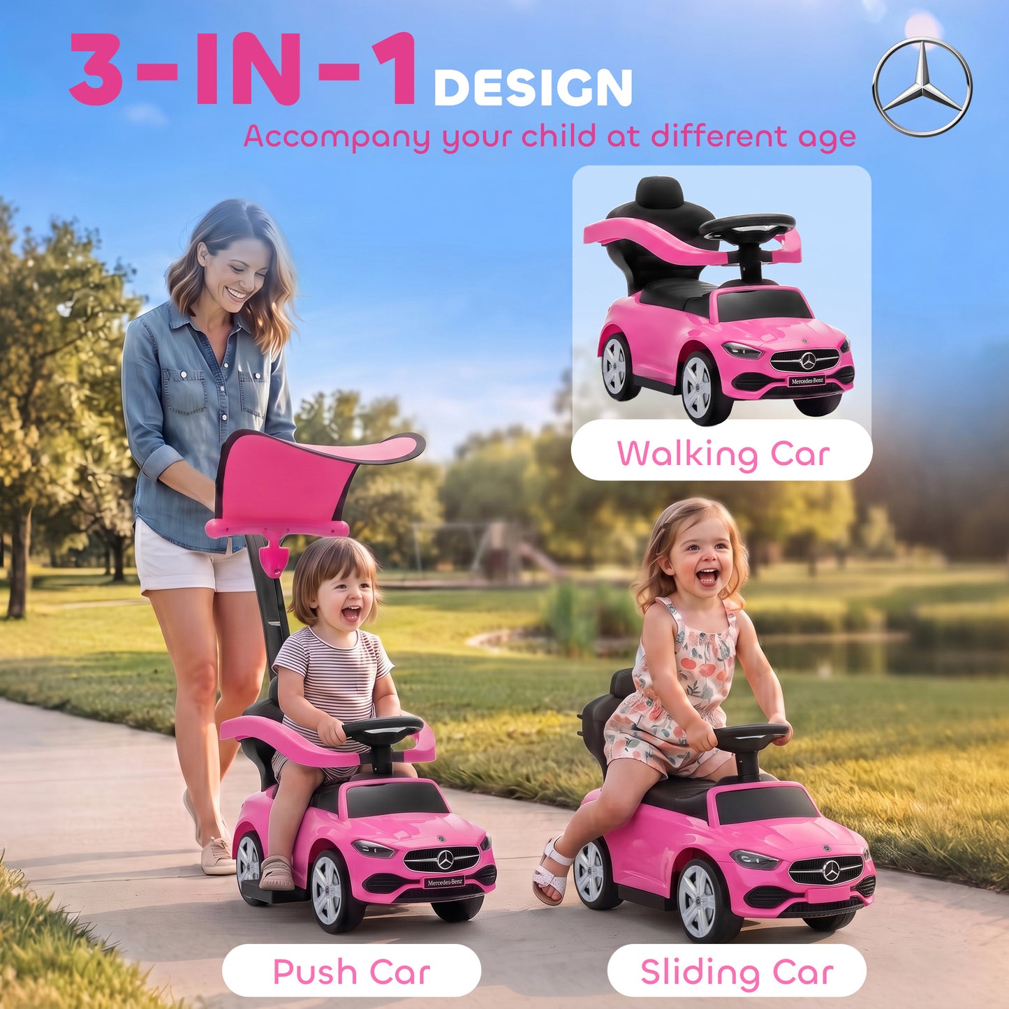 AIYAPLAY 3 in 1 Licensed Benz Ride on Push Car with Handle, Canopy, Guardrails, Horn, Music, Storage for 12-36 Months, Pink