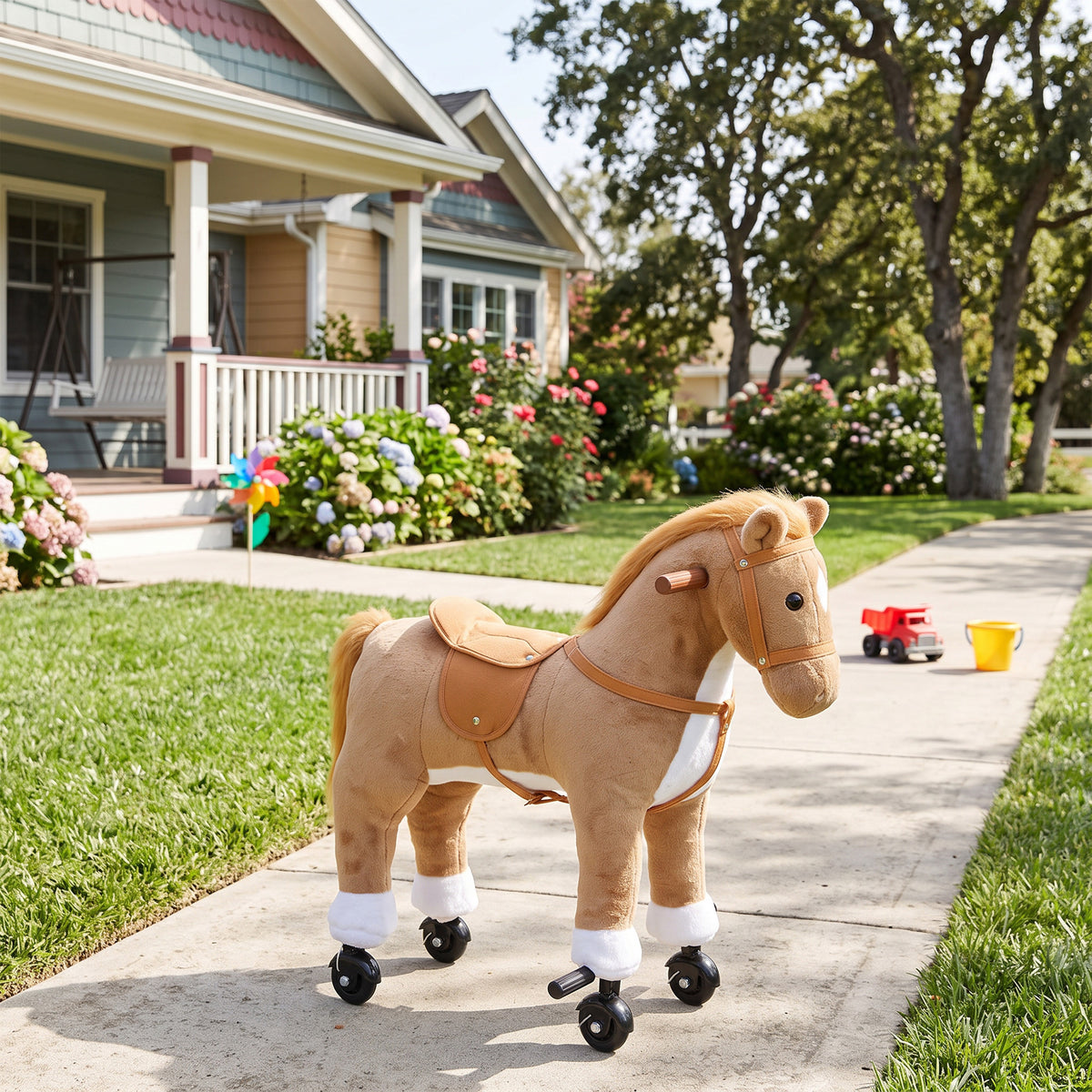 AIYAPLAY Rocking Horse, Plush Ride On Horse with Hoof Sounds, Music, Rolling Wheels and Pedal for 3-7 Years, Up to 50kg, Brown