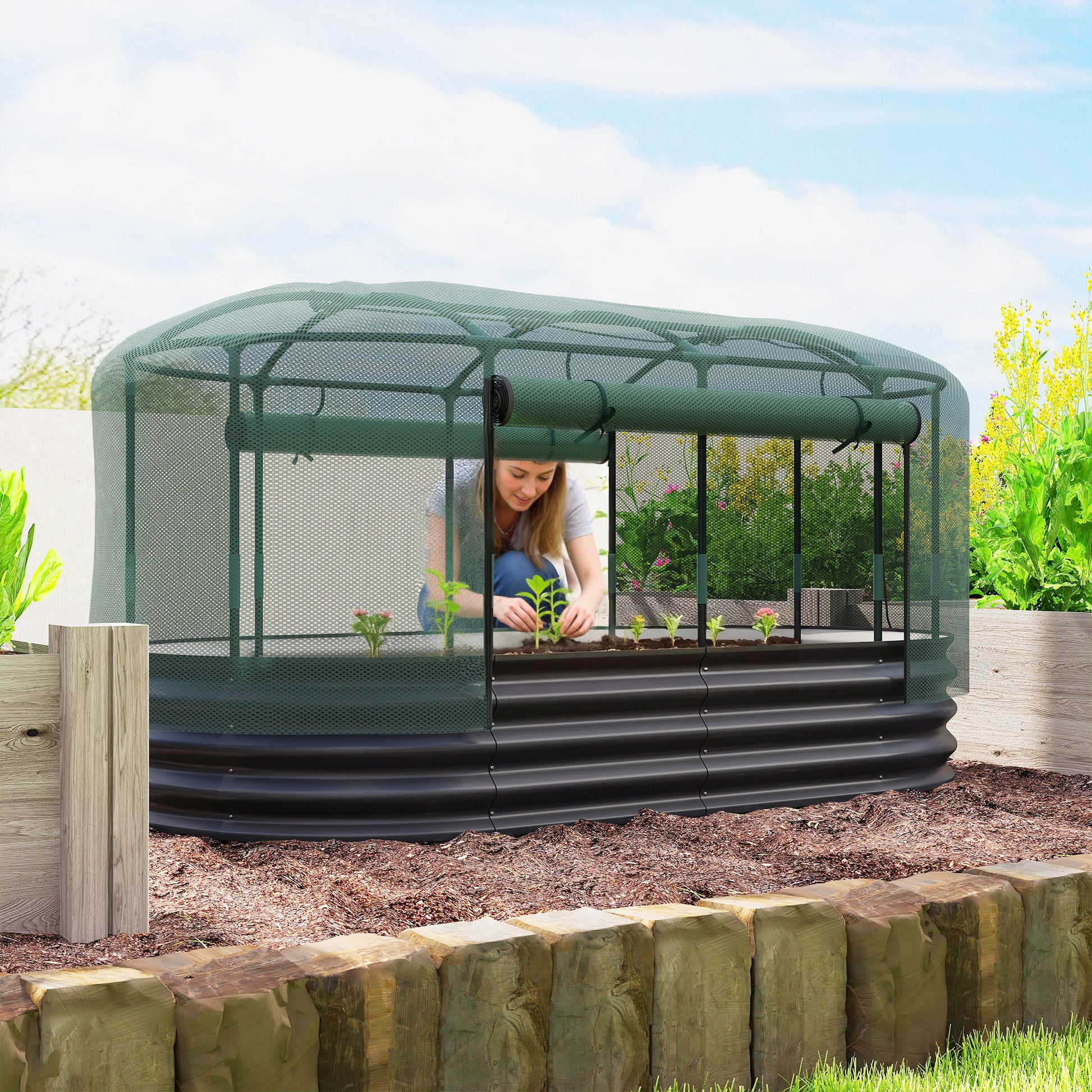 Outsunny Galvanised Raised Garden Bed Kit with Self Watering System and Mesh Cover, Garden Boxes, 6x3Ft, Dark Grey and Green