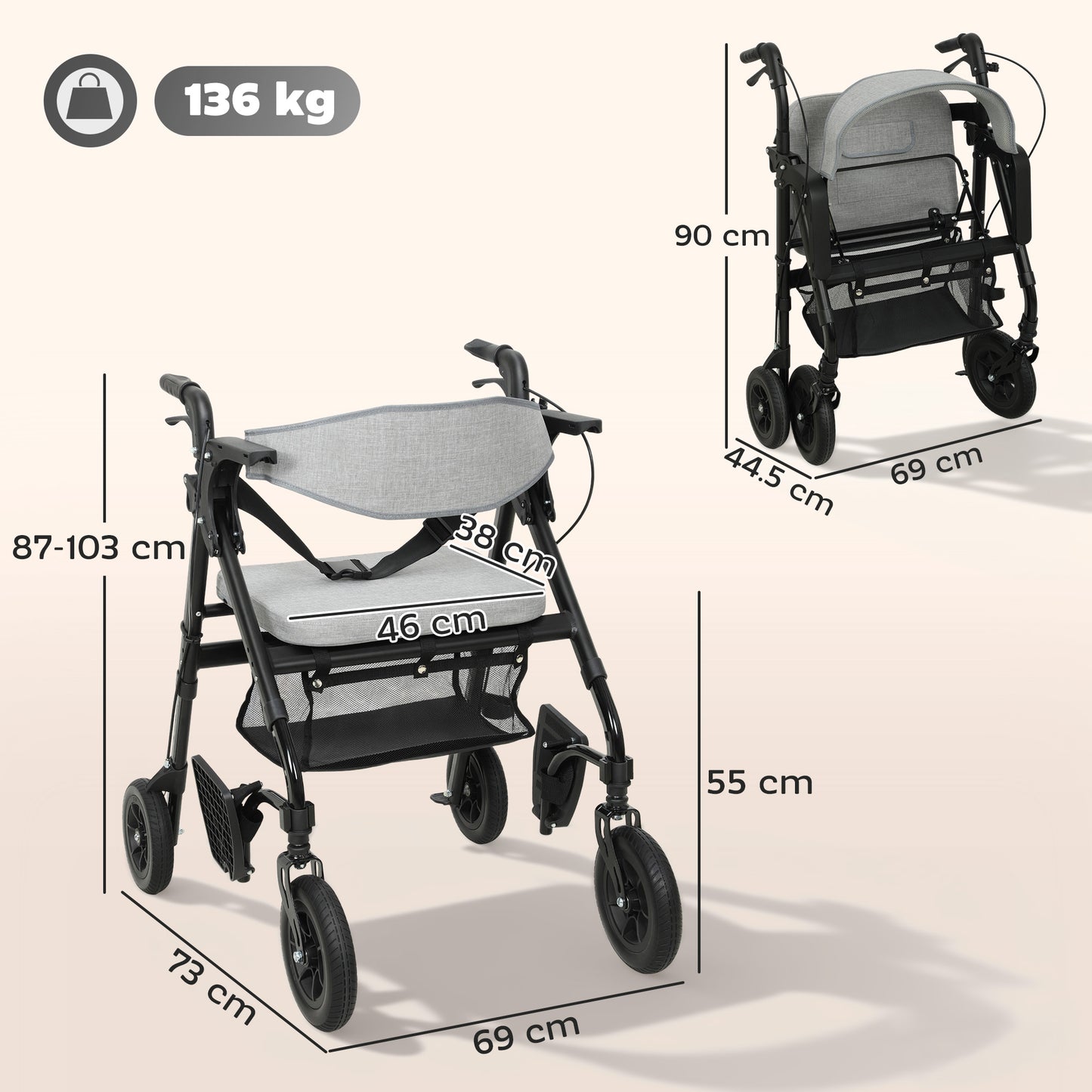HOMCOM Rollator Walker Wheelchair, with Seat - Grey