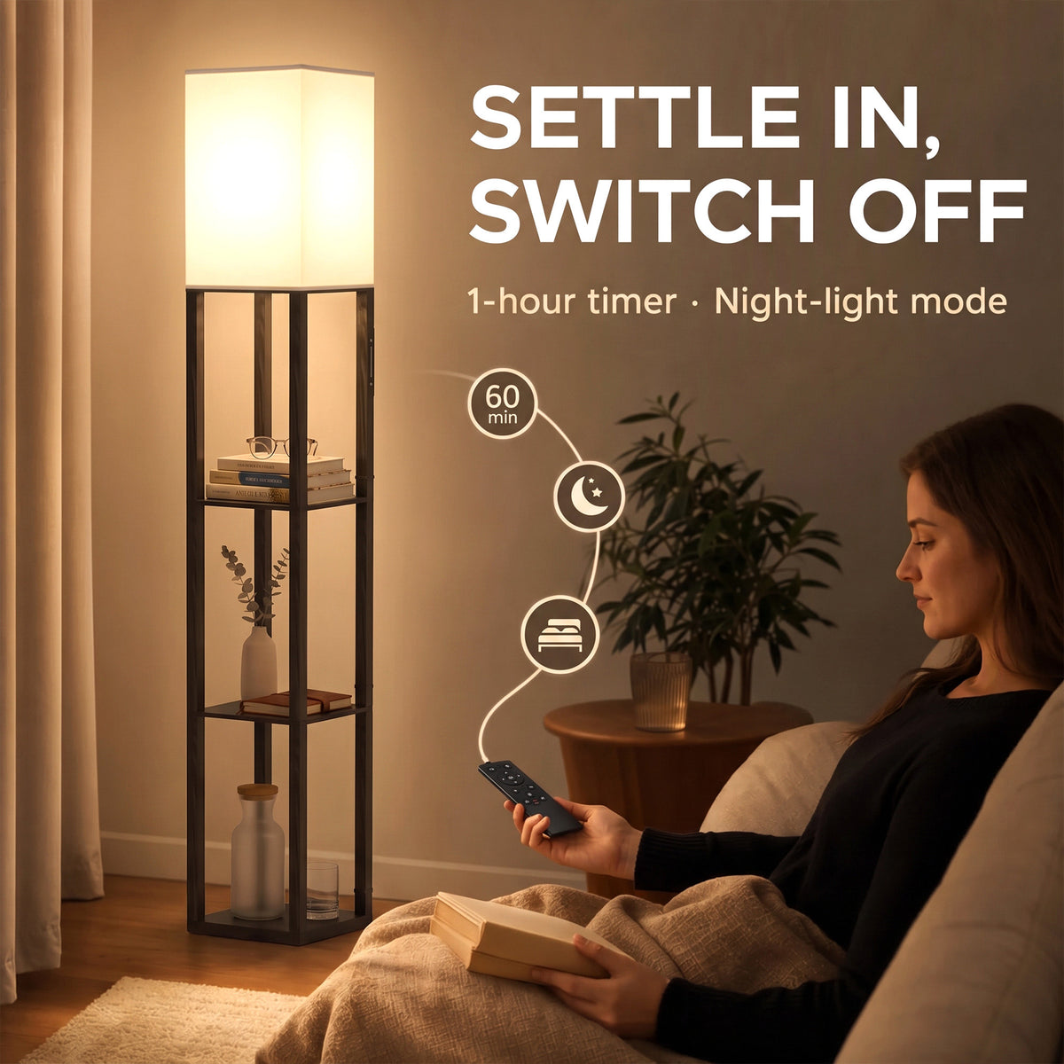 HOMCOM Floor Lamp with Shelves, Modern Dimmable Standing Lamp with Fabric Lampshade, Adjustable Colour Temperature, Black