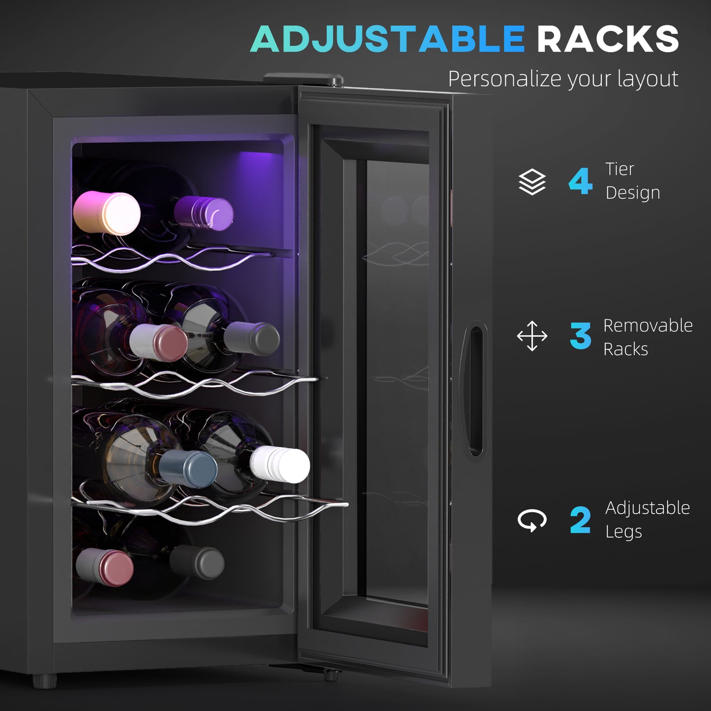HOMCOM Mini Table Top Wine Fridge, 8 Bottle, 17L, 8-18â„ƒ, 26.5cm Quiet Under Counter Wine Cooler Fridge with Glass Door, LED Light, Digital Touch Screen, Temperature Control