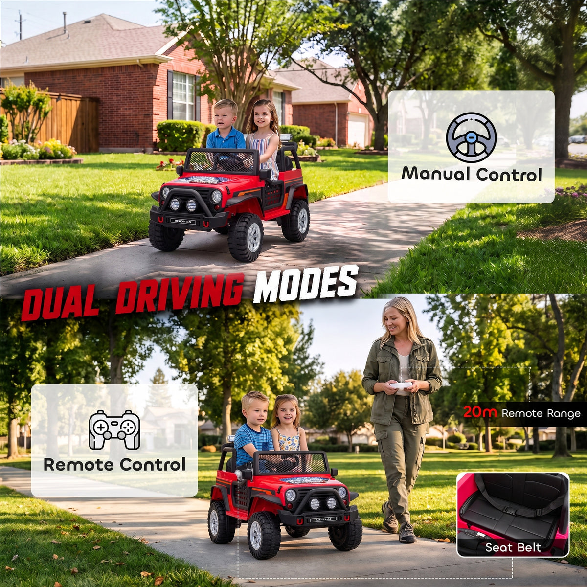 AIYAPLAY 12V Kids Electric Ride on Car with 2 Motors, Remote Control, Soft Start, Four-Wheel Suspension, Seat Belt