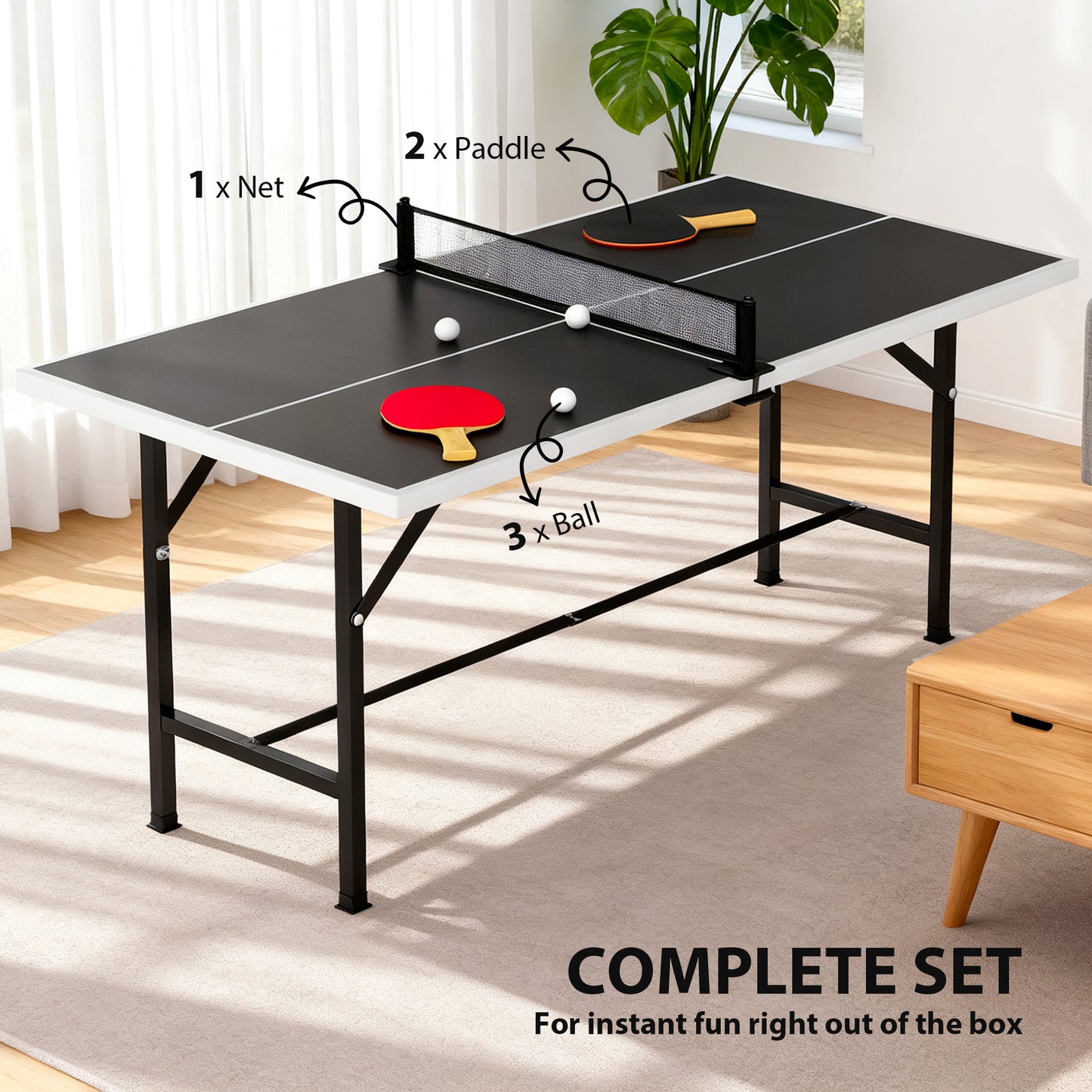 SPORTNOW 5ft Mid-Size Table Tennis Table, Ping Pong Table with Net, 2 Table Tennis Paddles and 3 Balls for Indoor Game, Black