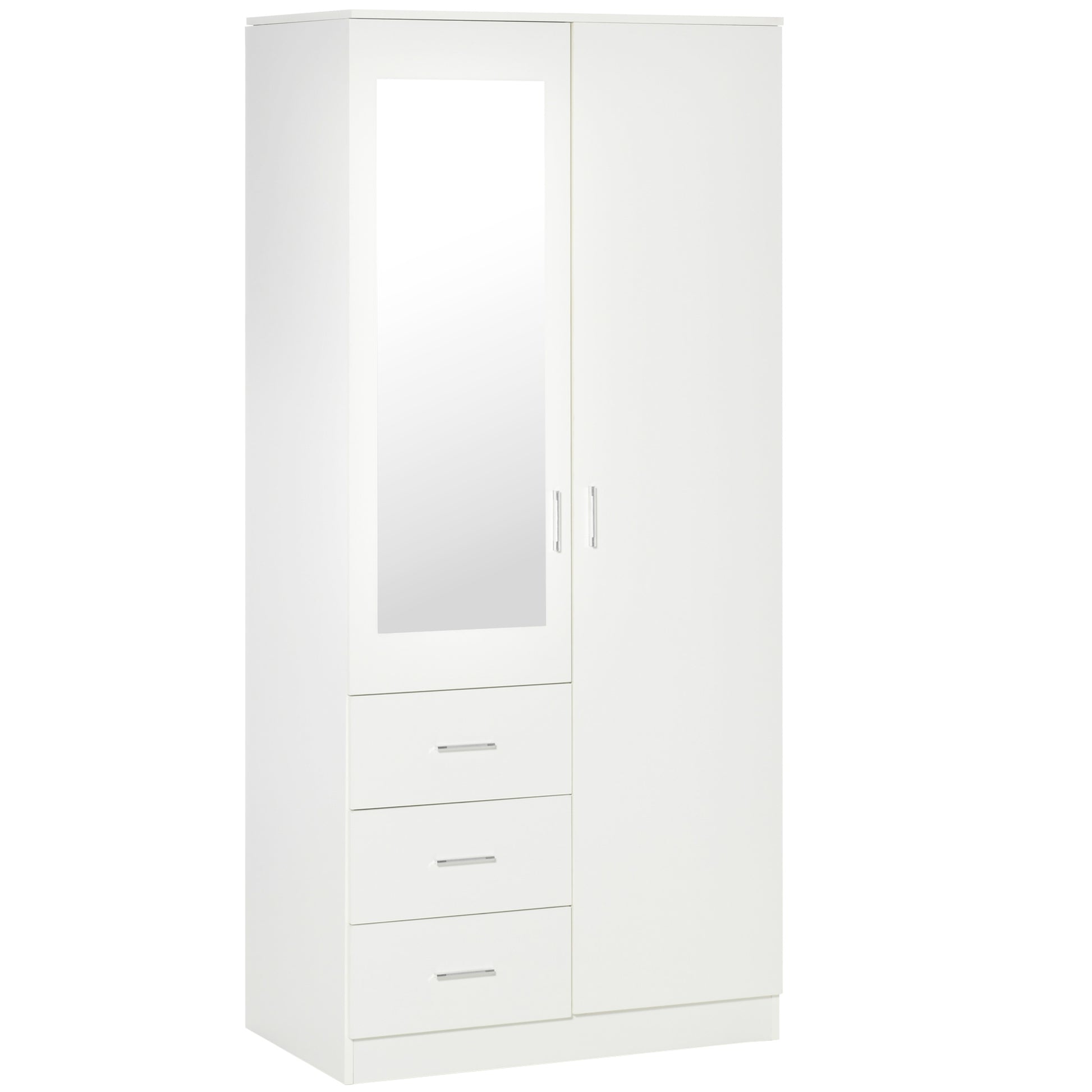 HOMCOM 2 Door 3 Drawer Mirrored Wardrobe with Hanging Rail, Modern Clothes Storage Cupboard with Mirror, Drawers and Adjustable Shelves for Bedroom, 80 x 50 x 180 cm, White Default Title