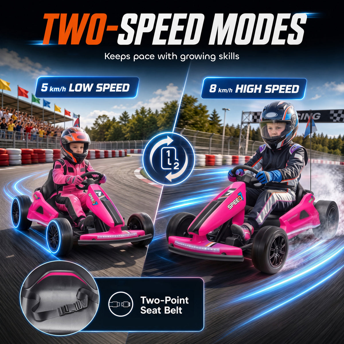 AIYAPLAY 24V Electric Drift Go Kart for Kids with Dual Motors, Soft Start, 12 KM/H High Speed, Headlight, for Ages 6-14, Pink